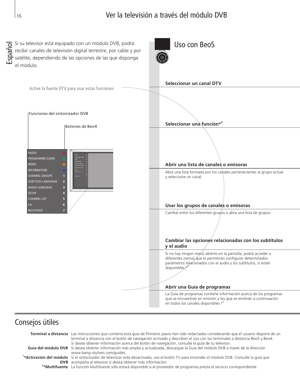 Español, Uso con beo5 | Bang & Olufsen DVB-HD - Getting Started User Manual | Page 16 / 56