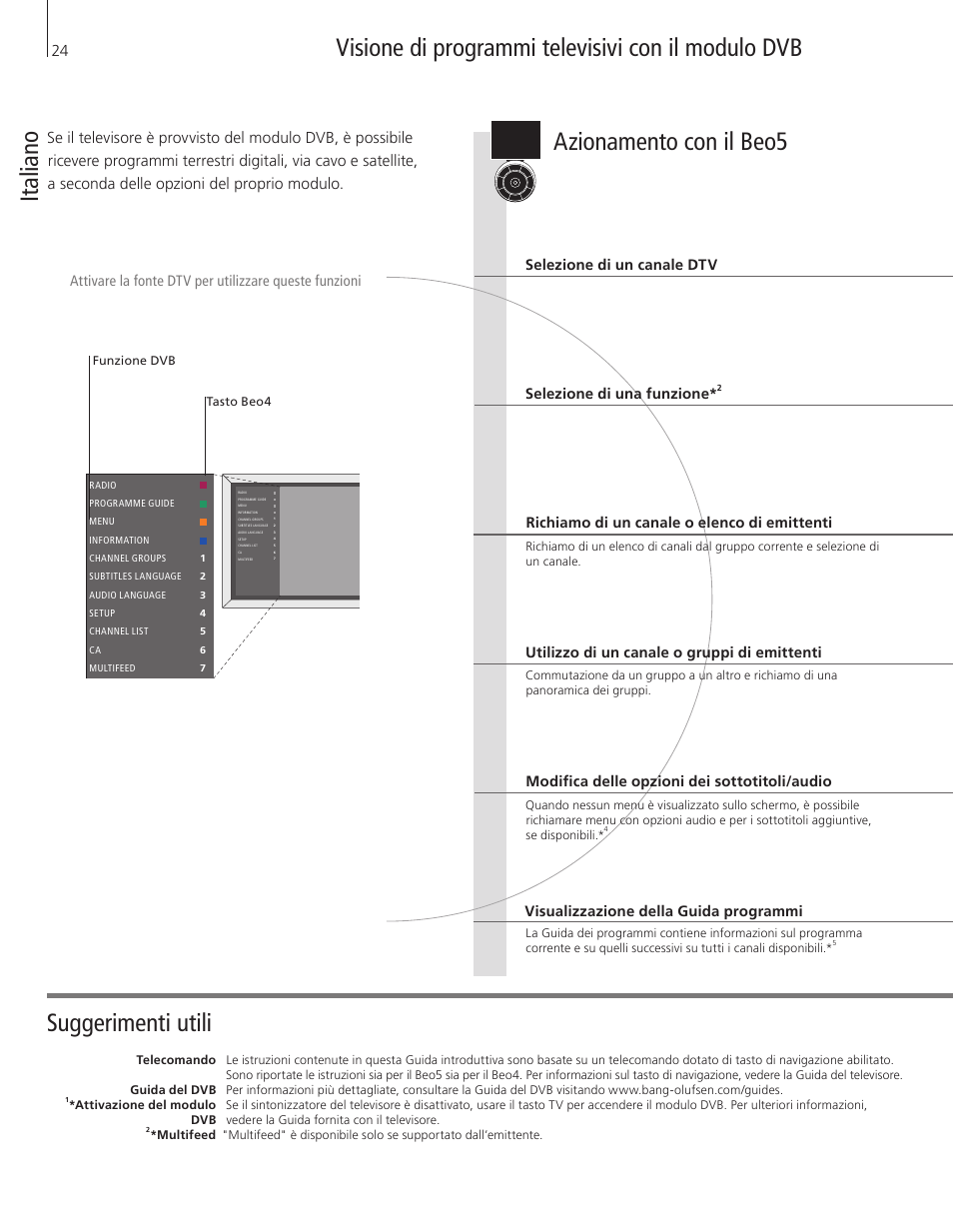 Italiano, Azionamento con il beo5, Ita lia no | Bang & Olufsen DVB-HD - Getting Started User Manual | Page 24 / 56