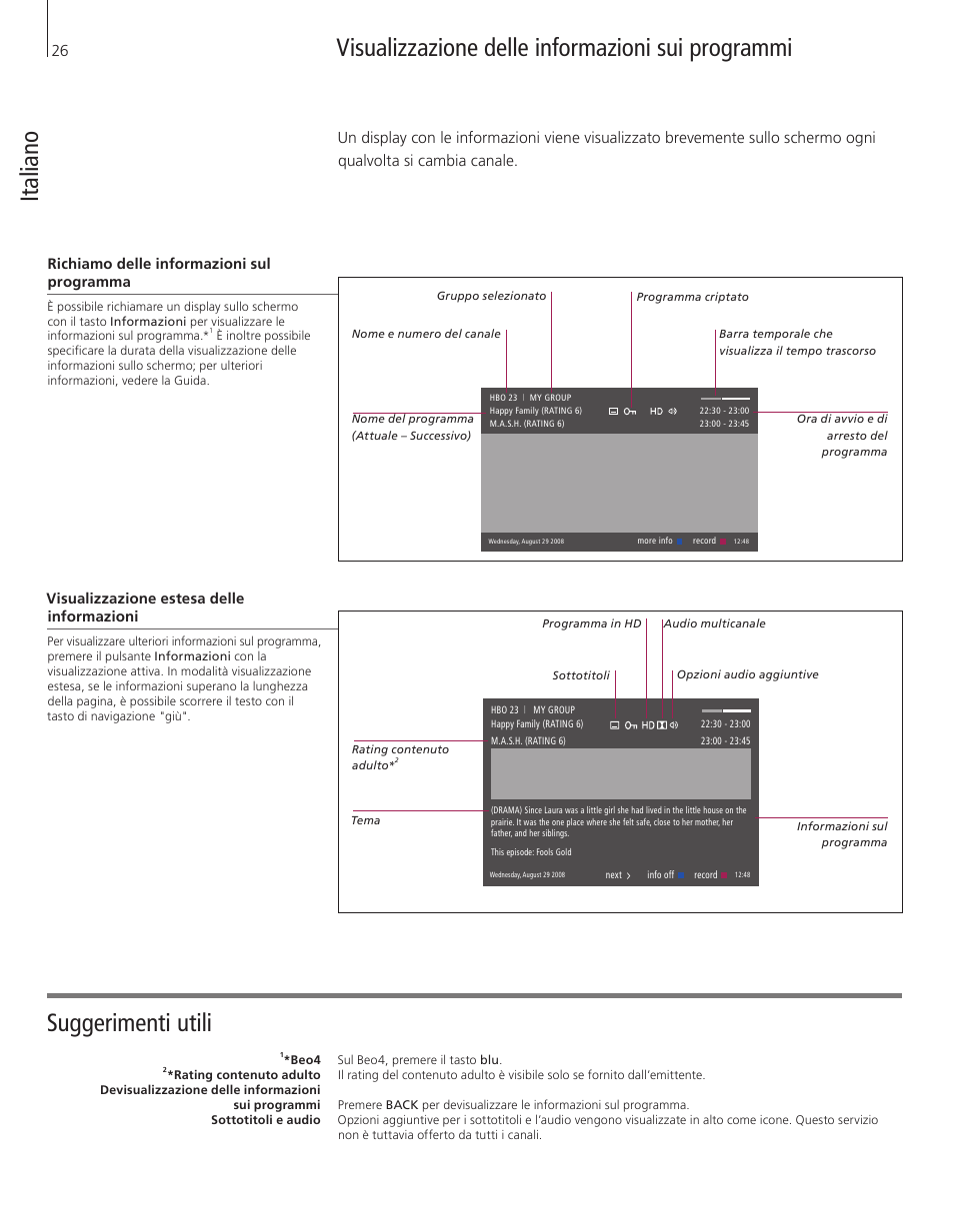 Visualizzazione delle informazioni sui programmi, Suggerimenti utili ita lia no | Bang & Olufsen DVB-HD - Getting Started User Manual | Page 26 / 56