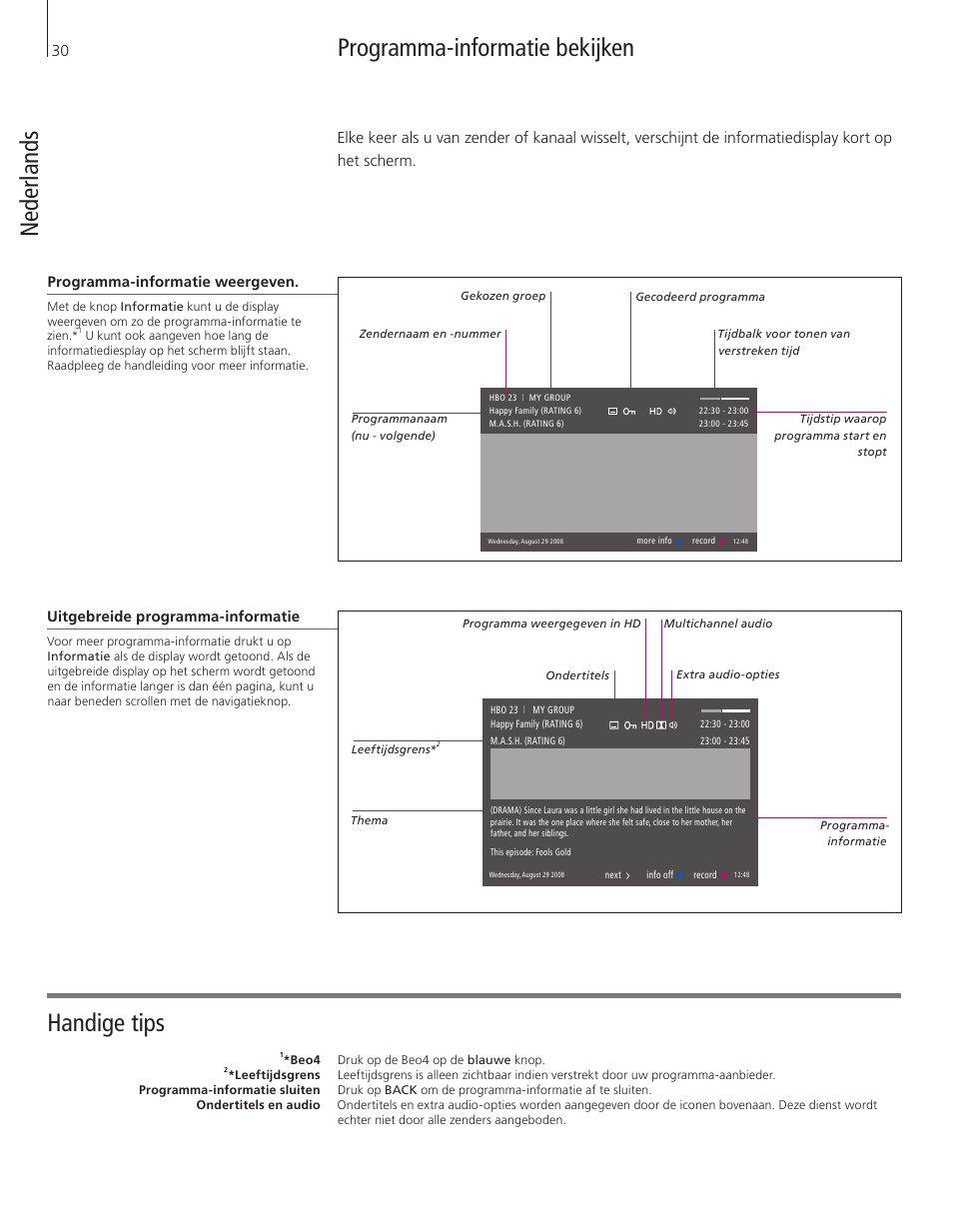 Ned er la nd s programma-informatie bekijken, Handige tips | Bang & Olufsen DVB-HD - Getting Started User Manual | Page 30 / 56