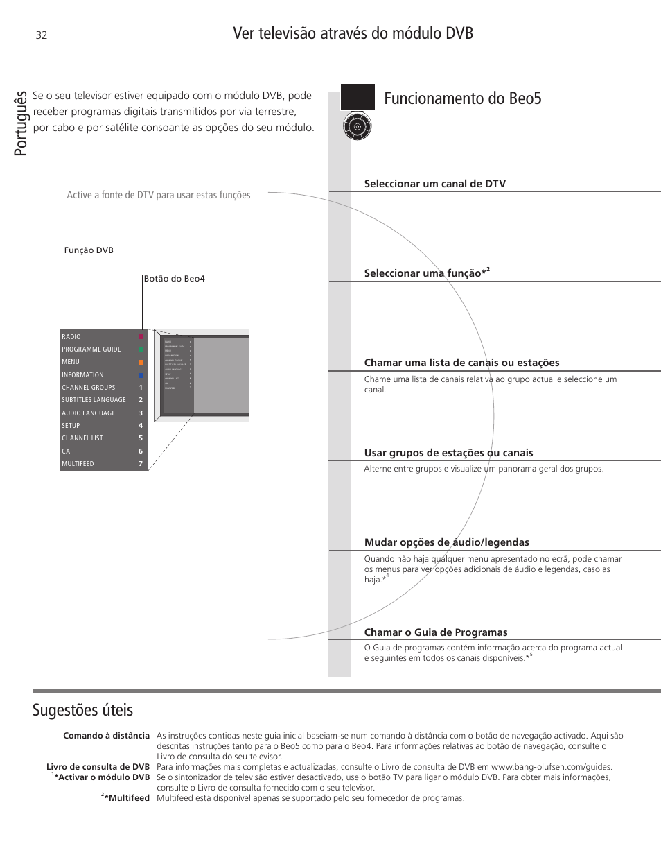 Português, Funcionamento do beo5 | Bang & Olufsen DVB-HD - Getting Started User Manual | Page 32 / 56