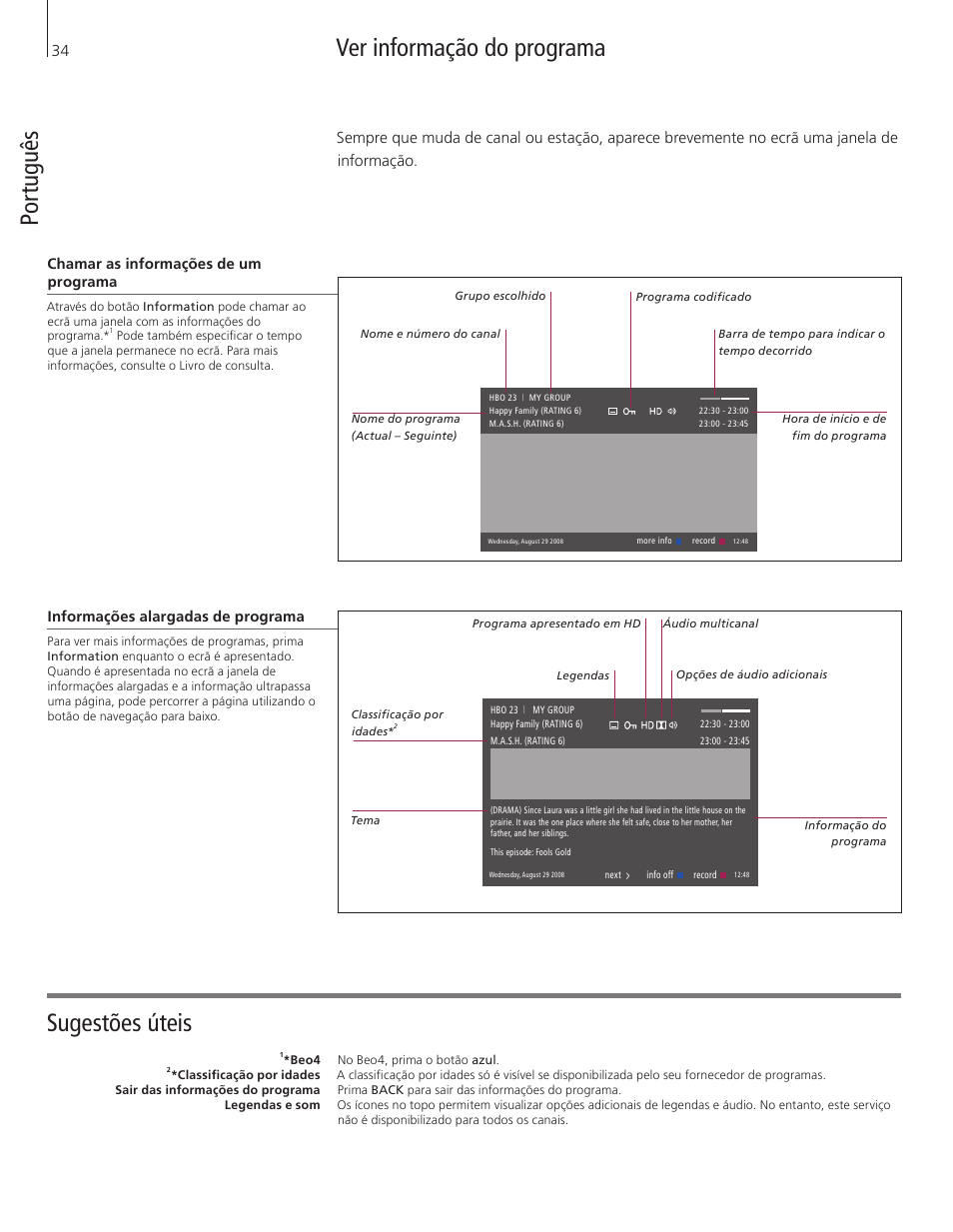 Po rt ug uês ver informação do programa, Sugestões úteis | Bang & Olufsen DVB-HD - Getting Started User Manual | Page 34 / 56