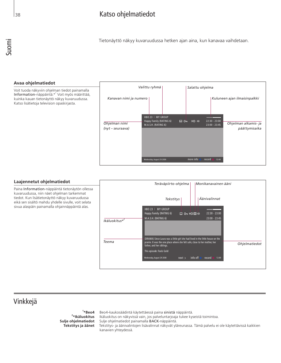 Katso ohjelmatiedot, Vinkkejä su om i | Bang & Olufsen DVB-HD - Getting Started User Manual | Page 38 / 56
