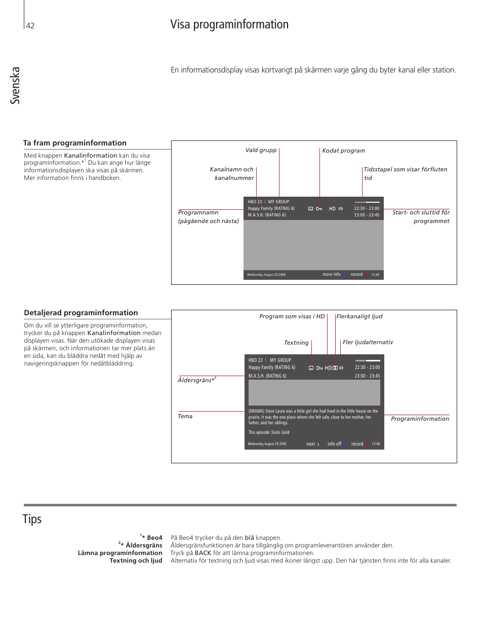 Visa programinformation, Tips sv en sk a | Bang & Olufsen DVB-HD - Getting Started User Manual | Page 42 / 56