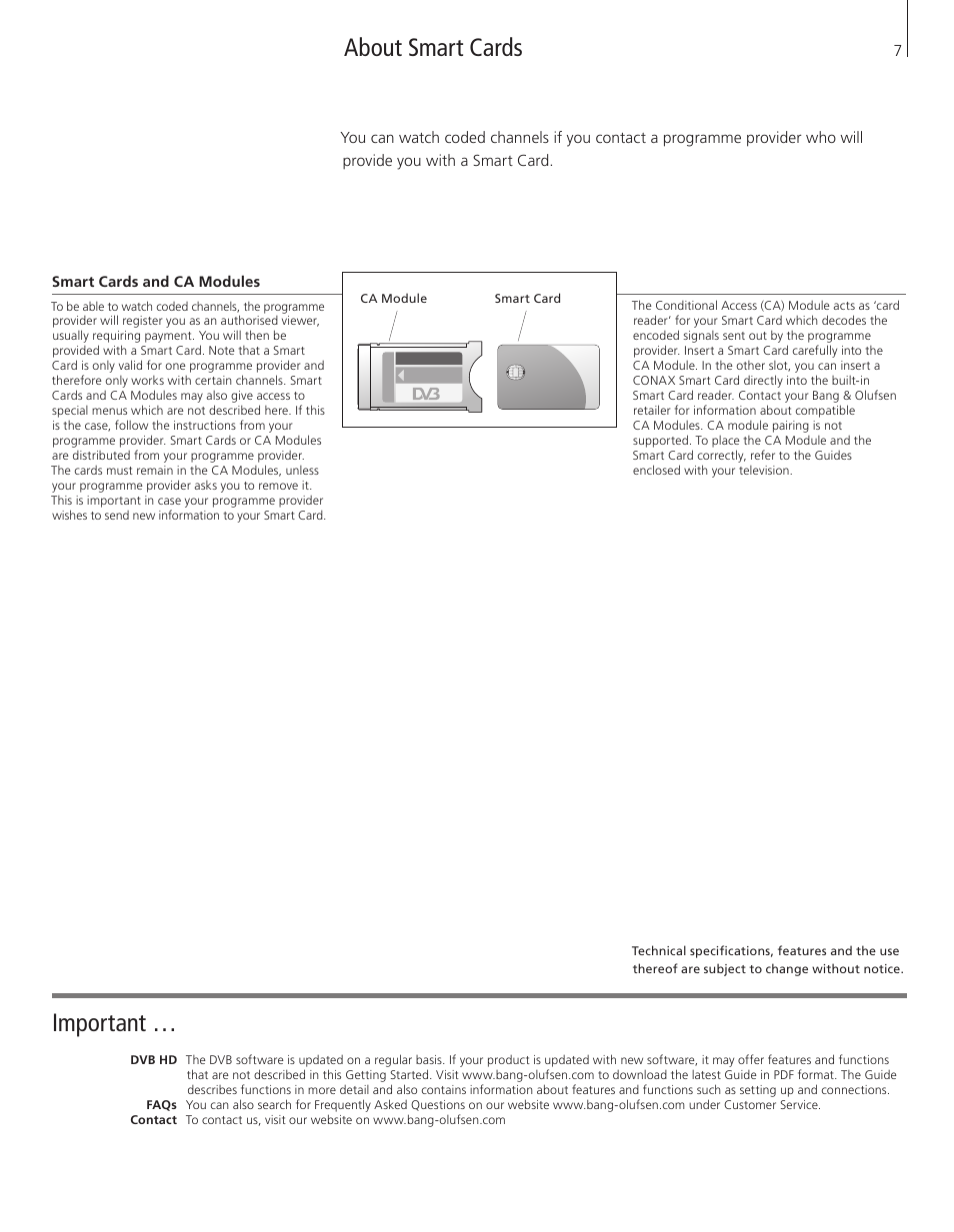 About smart cards important | Bang & Olufsen DVB-HD - Getting Started User Manual | Page 7 / 56