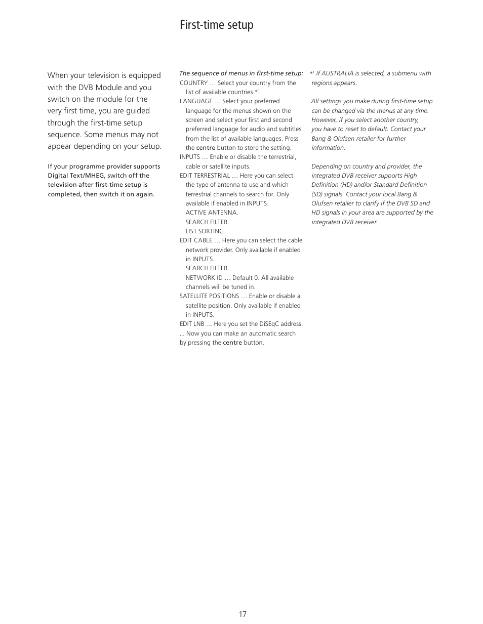 First-time setup, First-time setup, 17 | Bang & Olufsen DVB-HD - User Guide User Manual | Page 17 / 23