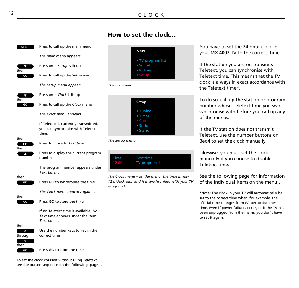 Clock, How to set the clock | Bang & Olufsen BeoVision MX_4002 - User Guide User Manual | Page 12 / 36