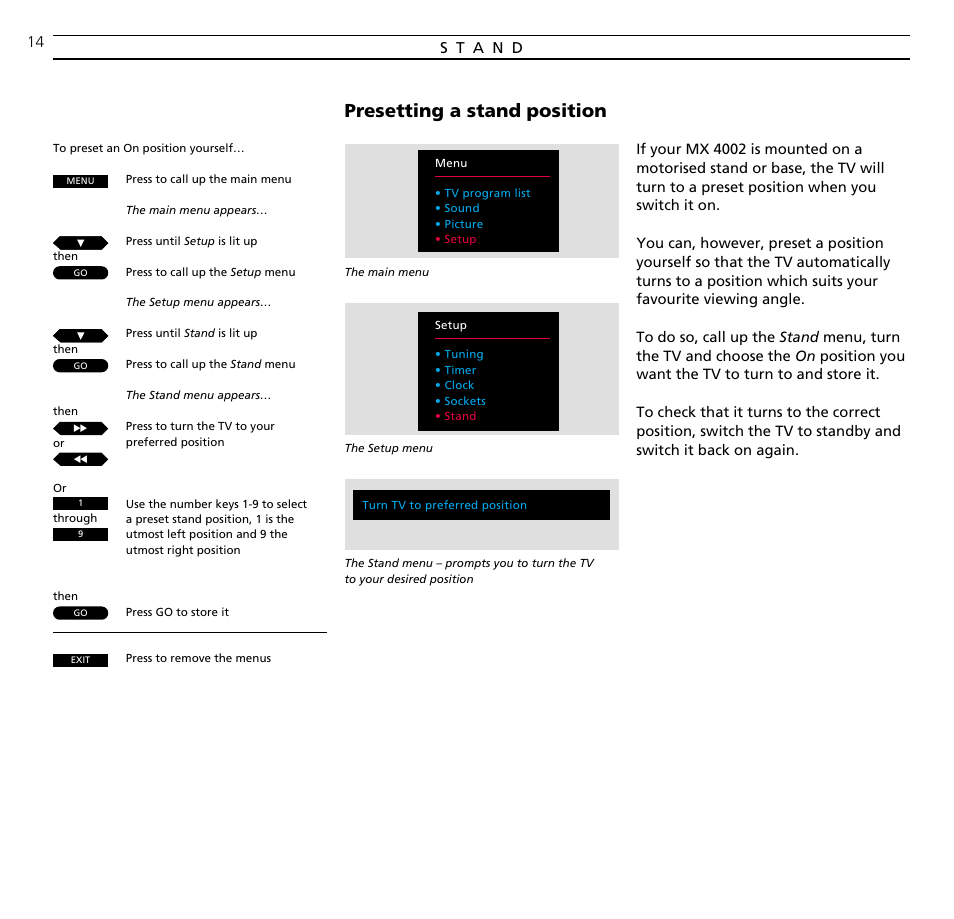 Stand, Presetting a stand position | Bang & Olufsen BeoVision MX_4002 - User Guide User Manual | Page 14 / 36