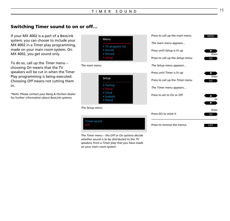 Timer sound, Switching timer sound to on or off | Bang & Olufsen BeoVision MX_4002 - User Guide User Manual | Page 15 / 36