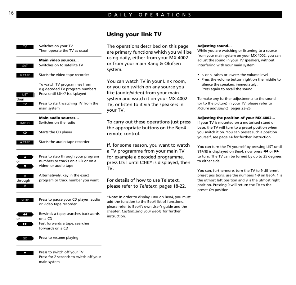 Daily operations, Using your link tv | Bang & Olufsen BeoVision MX_4002 - User Guide User Manual | Page 16 / 36