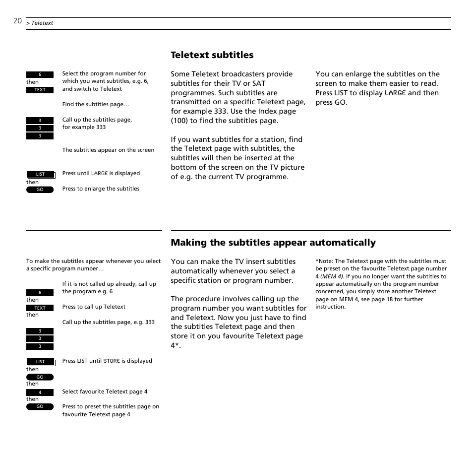 Teletext subtitles, Making the subtitles appear automatically | Bang & Olufsen BeoVision MX_4002 - User Guide User Manual | Page 20 / 36