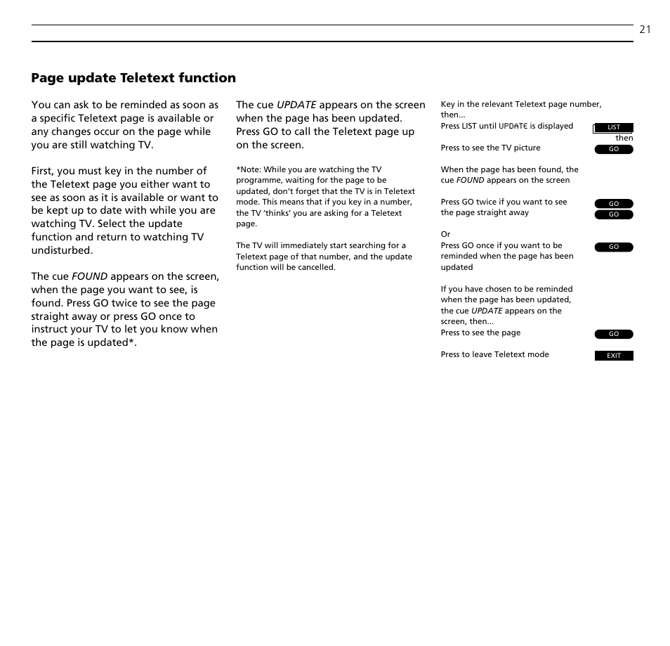 Page update teletext function | Bang & Olufsen BeoVision MX_4002 - User Guide User Manual | Page 21 / 36