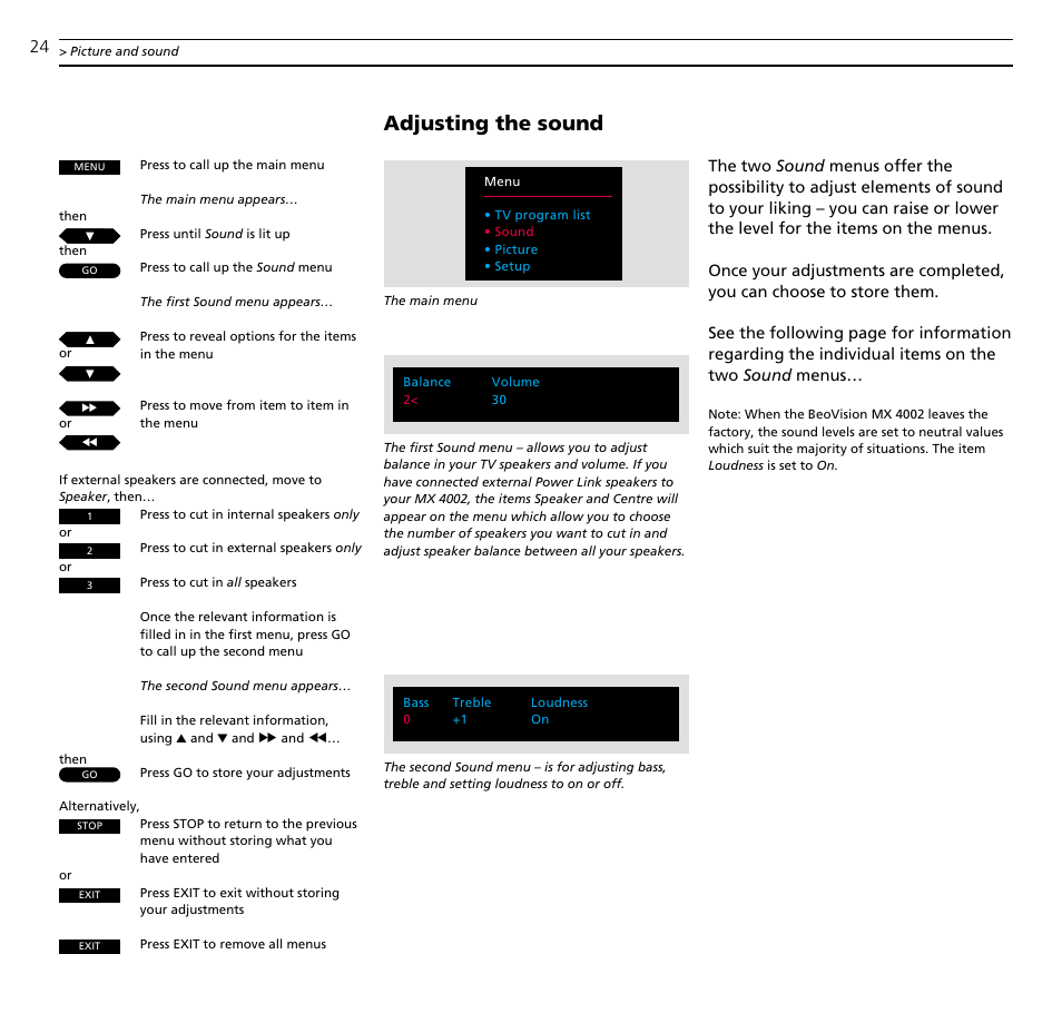 Adjusting the sound | Bang & Olufsen BeoVision MX_4002 - User Guide User Manual | Page 24 / 36