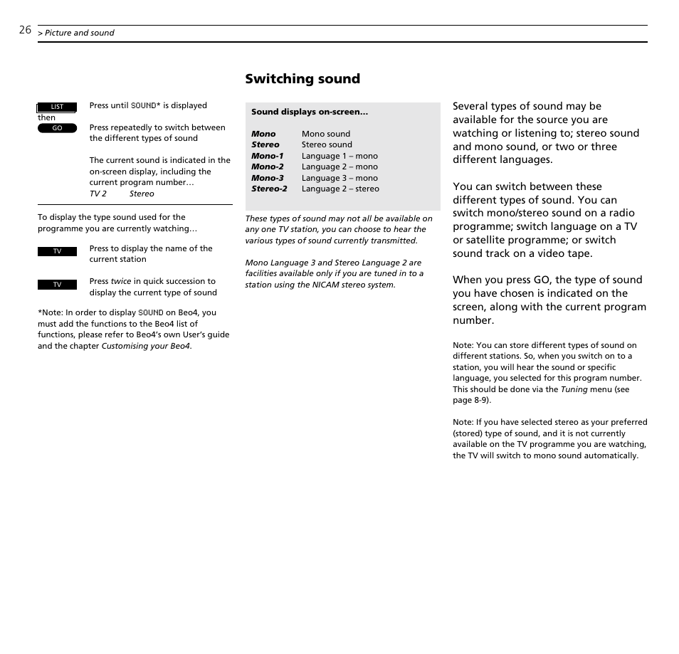 Switching sound | Bang & Olufsen BeoVision MX_4002 - User Guide User Manual | Page 26 / 36