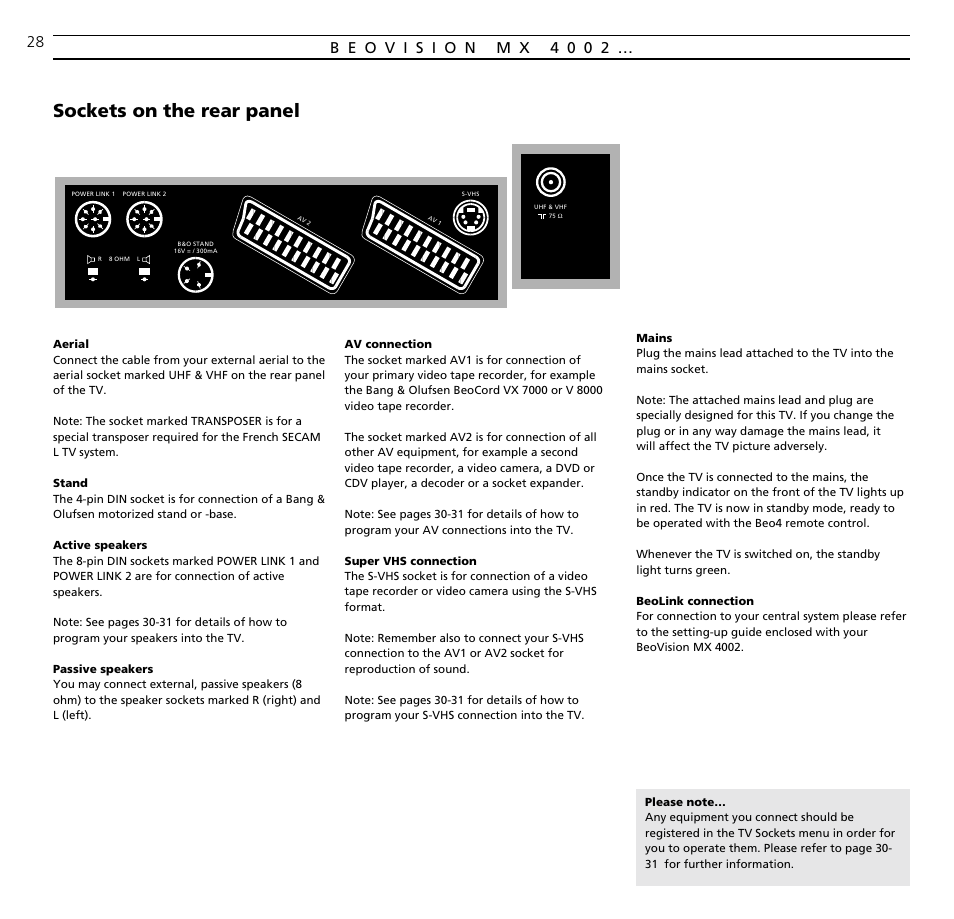 Beovision mx 4002 connections, Sockets on the rear panel | Bang & Olufsen BeoVision MX_4002 - User Guide User Manual | Page 28 / 36