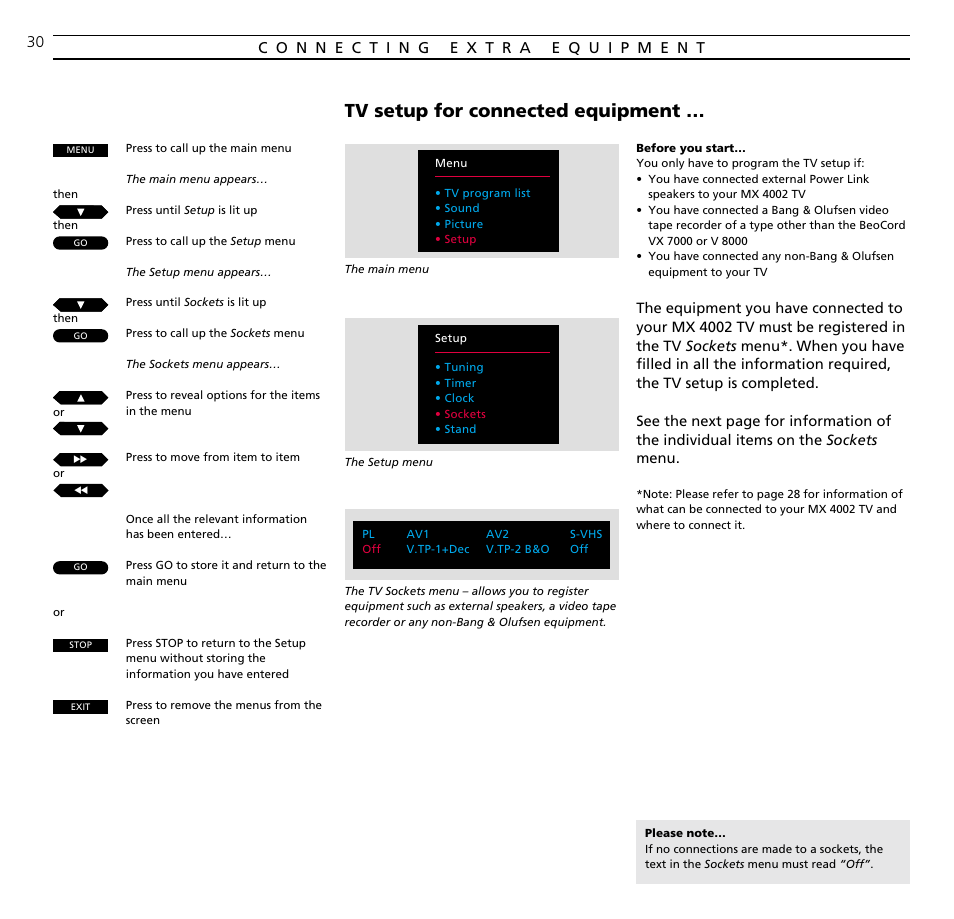 Registering extra equipment, Tv setup for connected equipment | Bang & Olufsen BeoVision MX_4002 - User Guide User Manual | Page 30 / 36