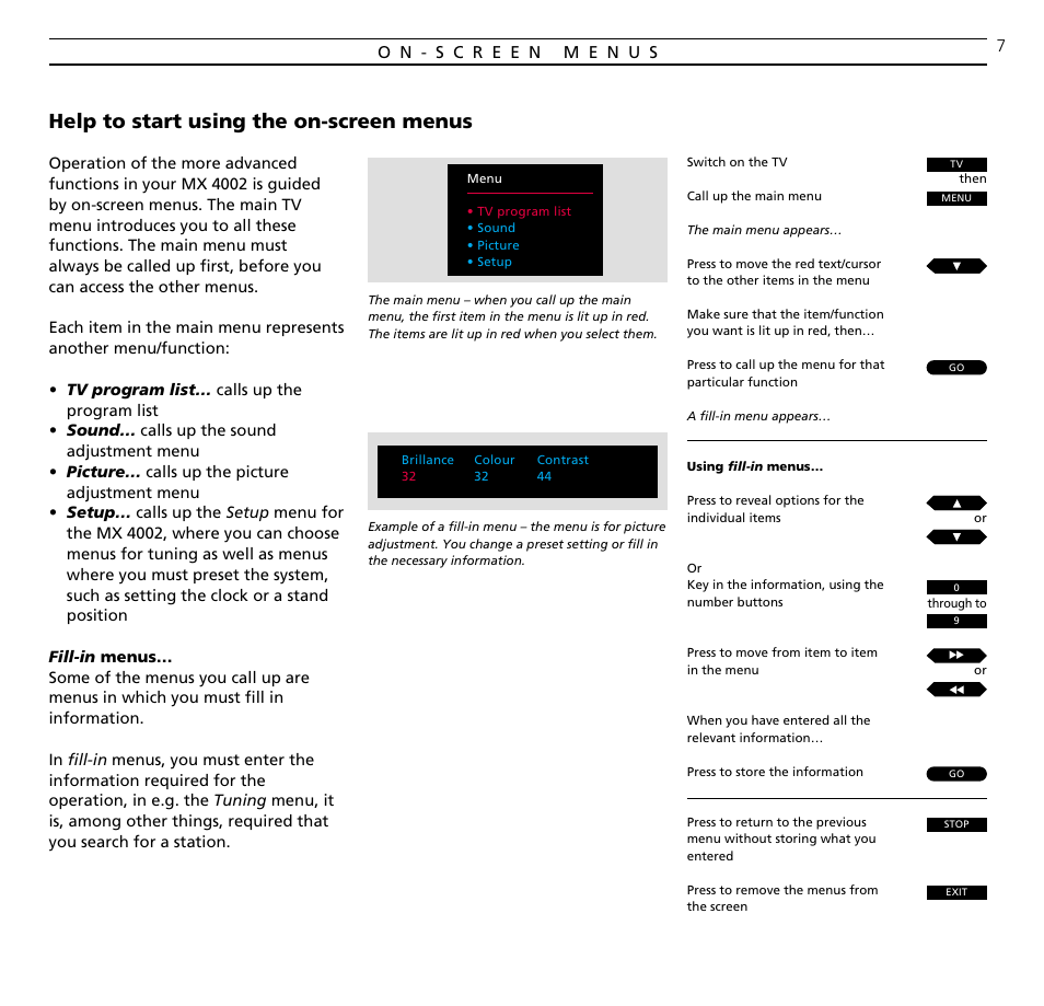 Help to start using the on-screen menus | Bang & Olufsen BeoVision MX_4002 - User Guide User Manual | Page 7 / 36