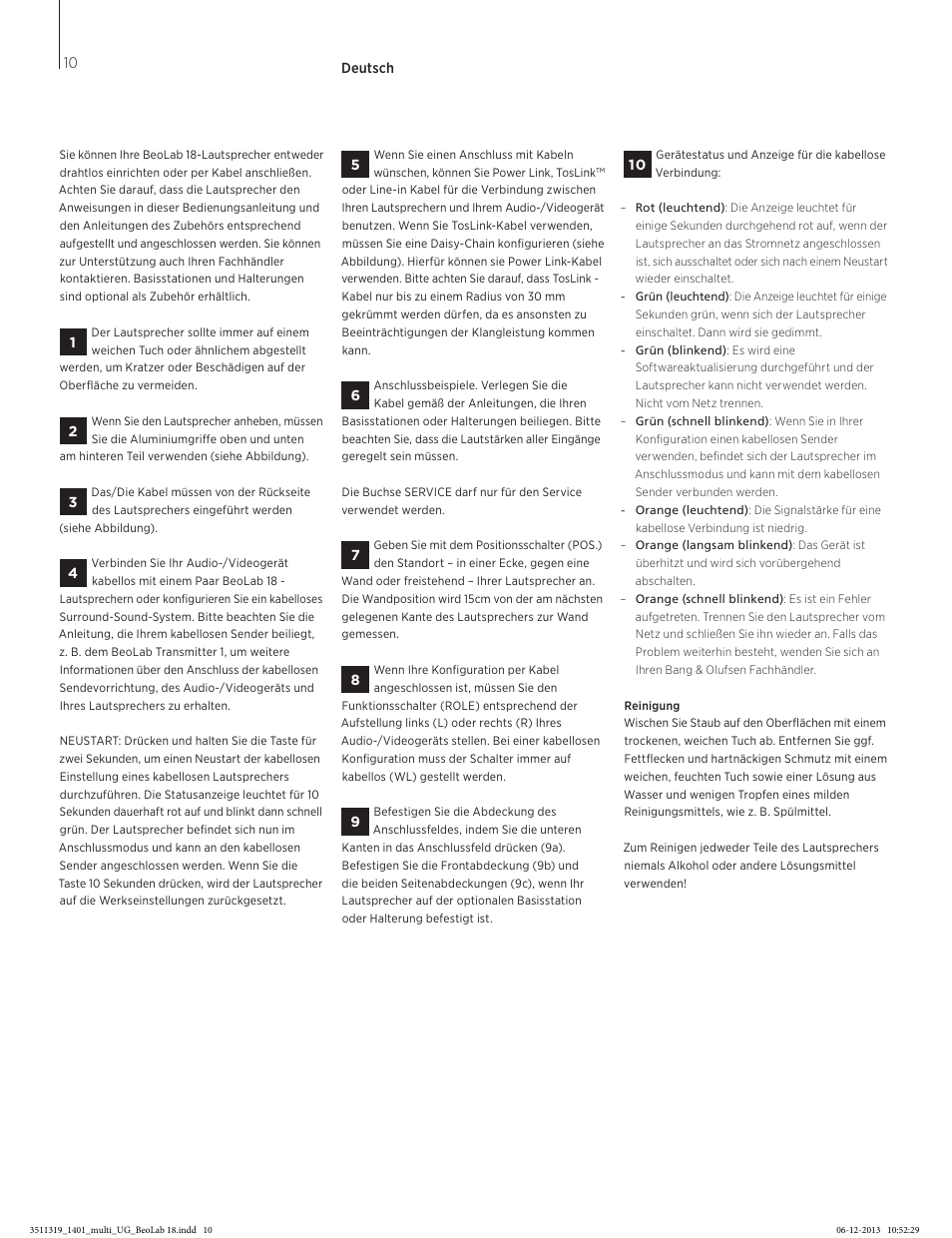Deutsch, Deutsch (german) , 10 | Bang & Olufsen BeoLab 18 - User Guide User Manual | Page 10 / 24