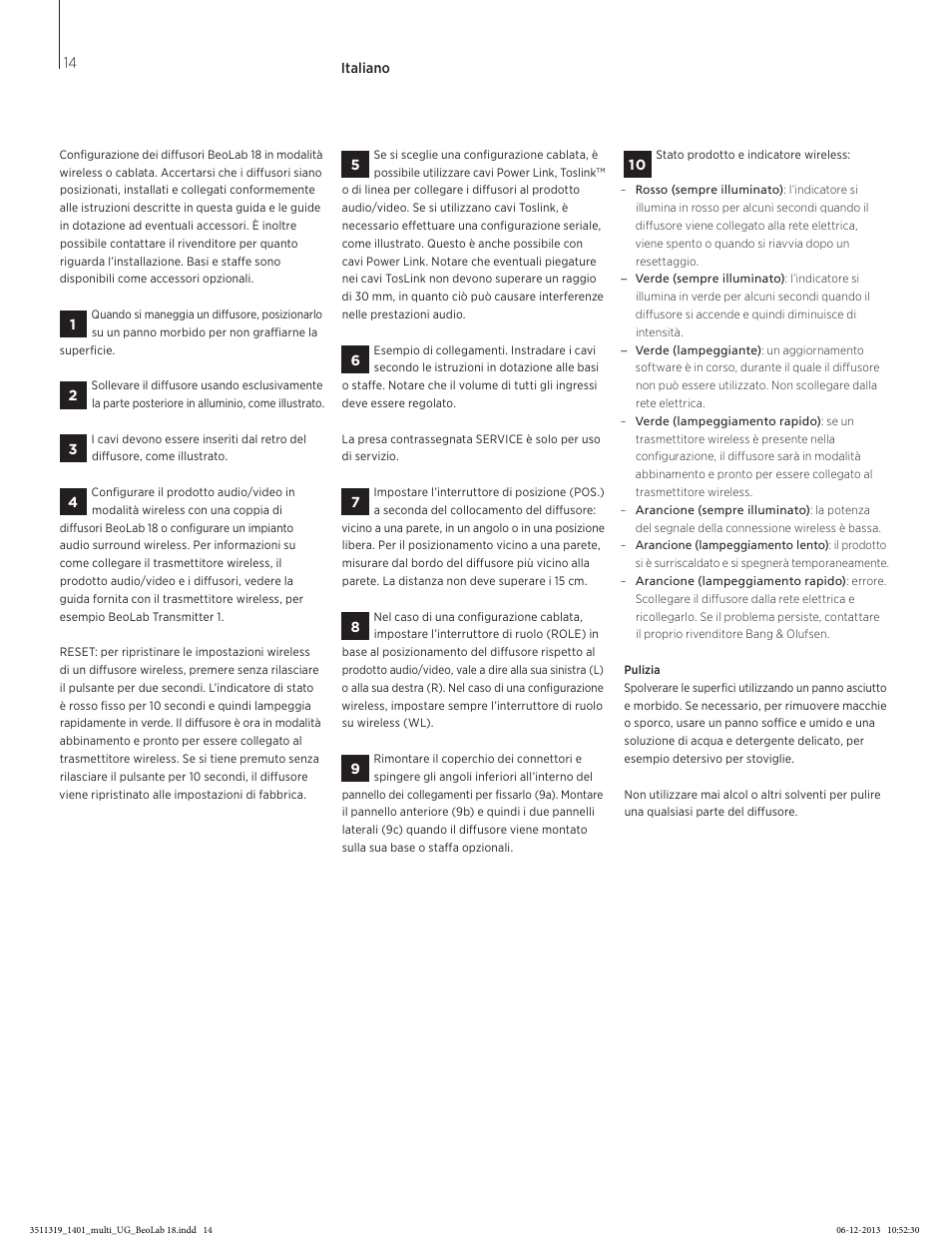 Italiano, Italiano (italian) , 14 | Bang & Olufsen BeoLab 18 - User Guide User Manual | Page 14 / 24