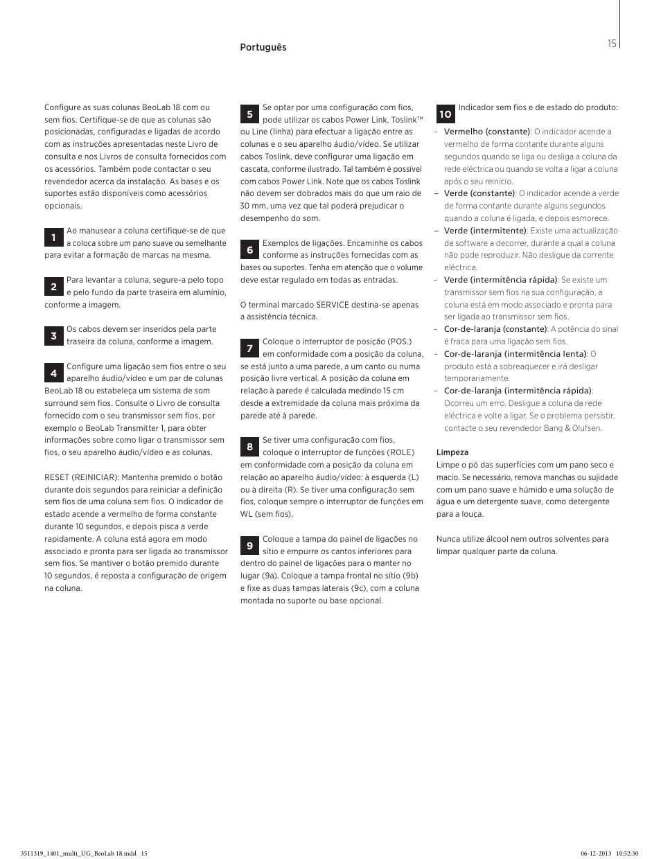 Português | Bang & Olufsen BeoLab 18 - User Guide User Manual | Page 15 / 24