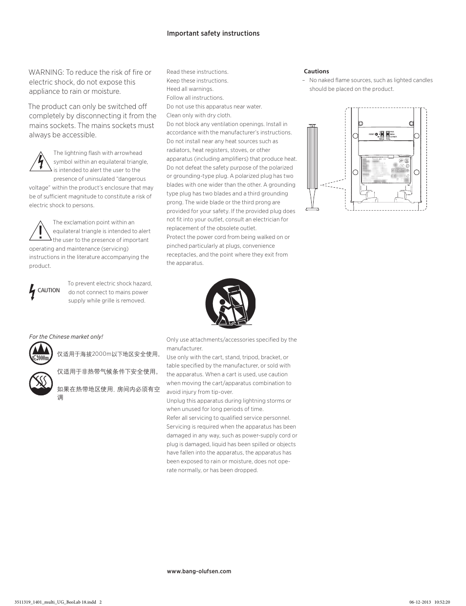 Important safety instructions, Important safety instructions i 2000m, Caution | Bang & Olufsen BeoLab 18 - User Guide User Manual | Page 2 / 24