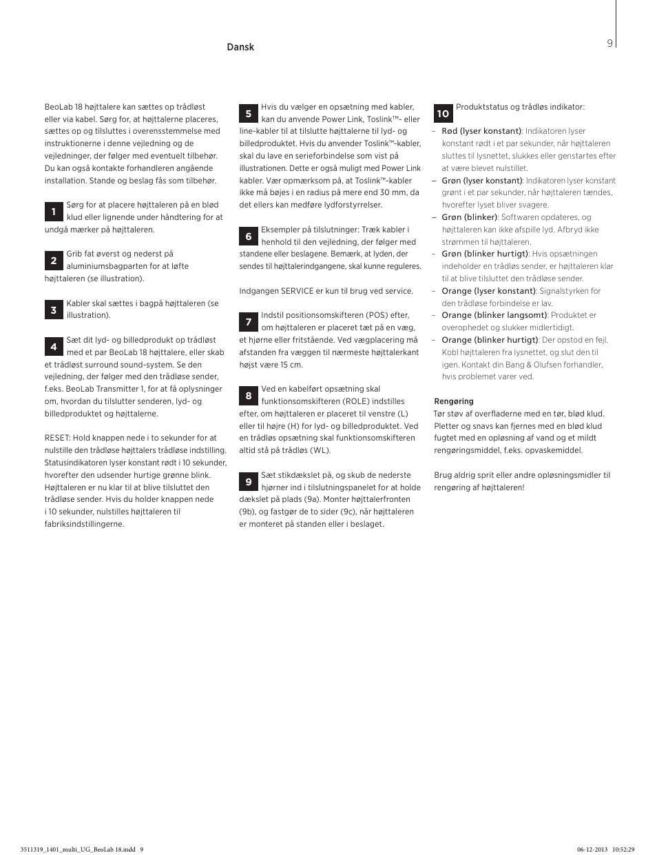 Dansk, Dansk (danish) , 9 | Bang & Olufsen BeoLab 18 - User Guide User Manual | Page 9 / 24