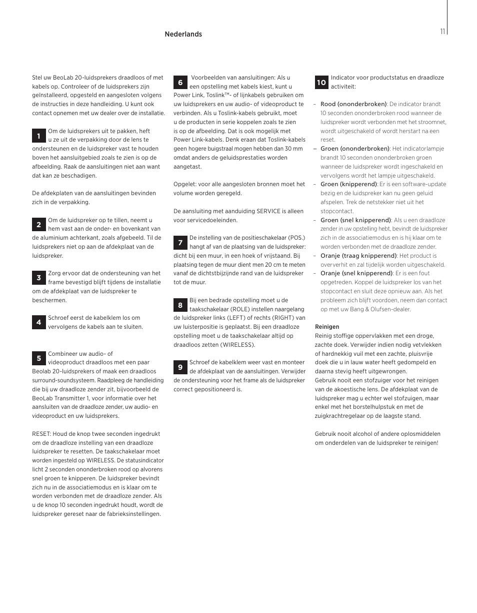Nederlands, Nederlands (dutch) , 11 | Bang & Olufsen BeoLab 20 - User Guide User Manual | Page 11 / 24