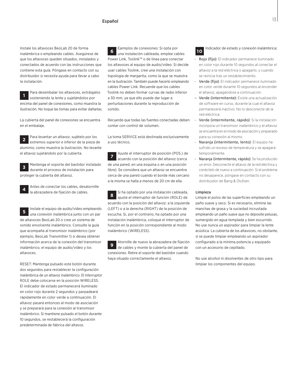 Español, Spanish) , 13 | Bang & Olufsen BeoLab 20 - User Guide User Manual | Page 13 / 24