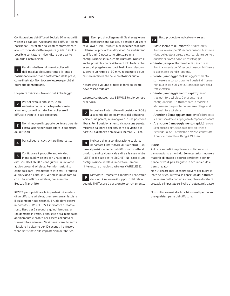 Italiano, Italiano (italian) , 14 | Bang & Olufsen BeoLab 20 - User Guide User Manual | Page 14 / 24