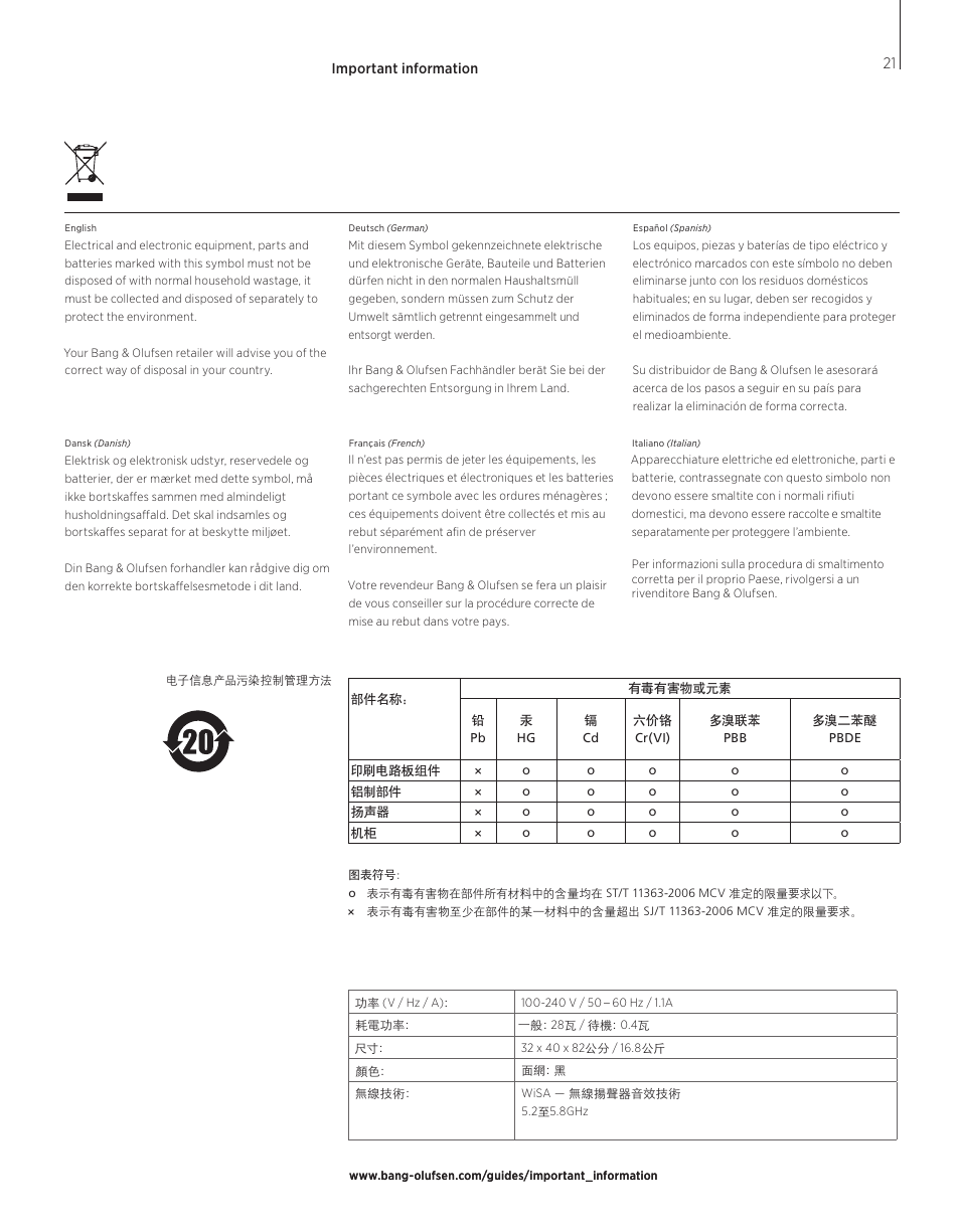 Important information, Important information, 21 | Bang & Olufsen BeoLab 20 - User Guide User Manual | Page 21 / 24