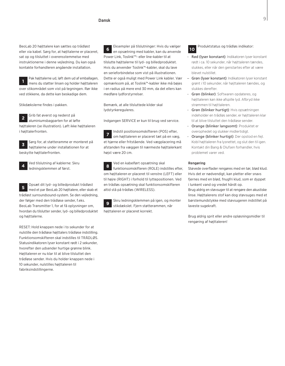 Dansk, Dansk (danish) , 9 | Bang & Olufsen BeoLab 20 - User Guide User Manual | Page 9 / 24