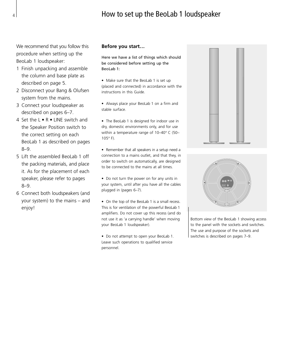 How to set up the beolab 1 loudspeaker, Before you start | Bang & Olufsen BeoLab 1 - User Guide User Manual | Page 4 / 12