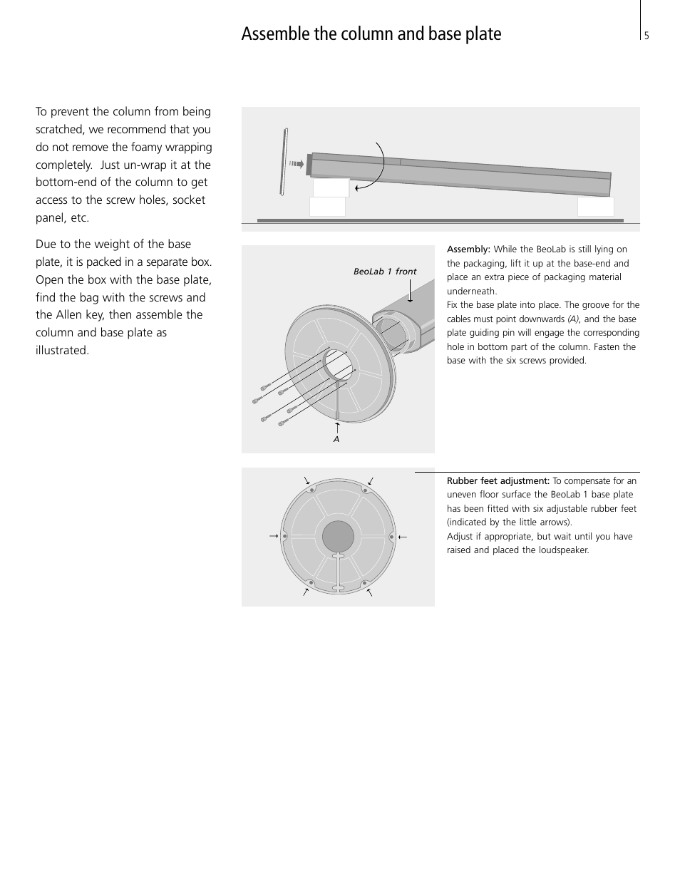 Assemble the column and base plate, Assembly, Rubber feet adjustment | Bang & Olufsen BeoLab 1 - User Guide User Manual | Page 5 / 12
