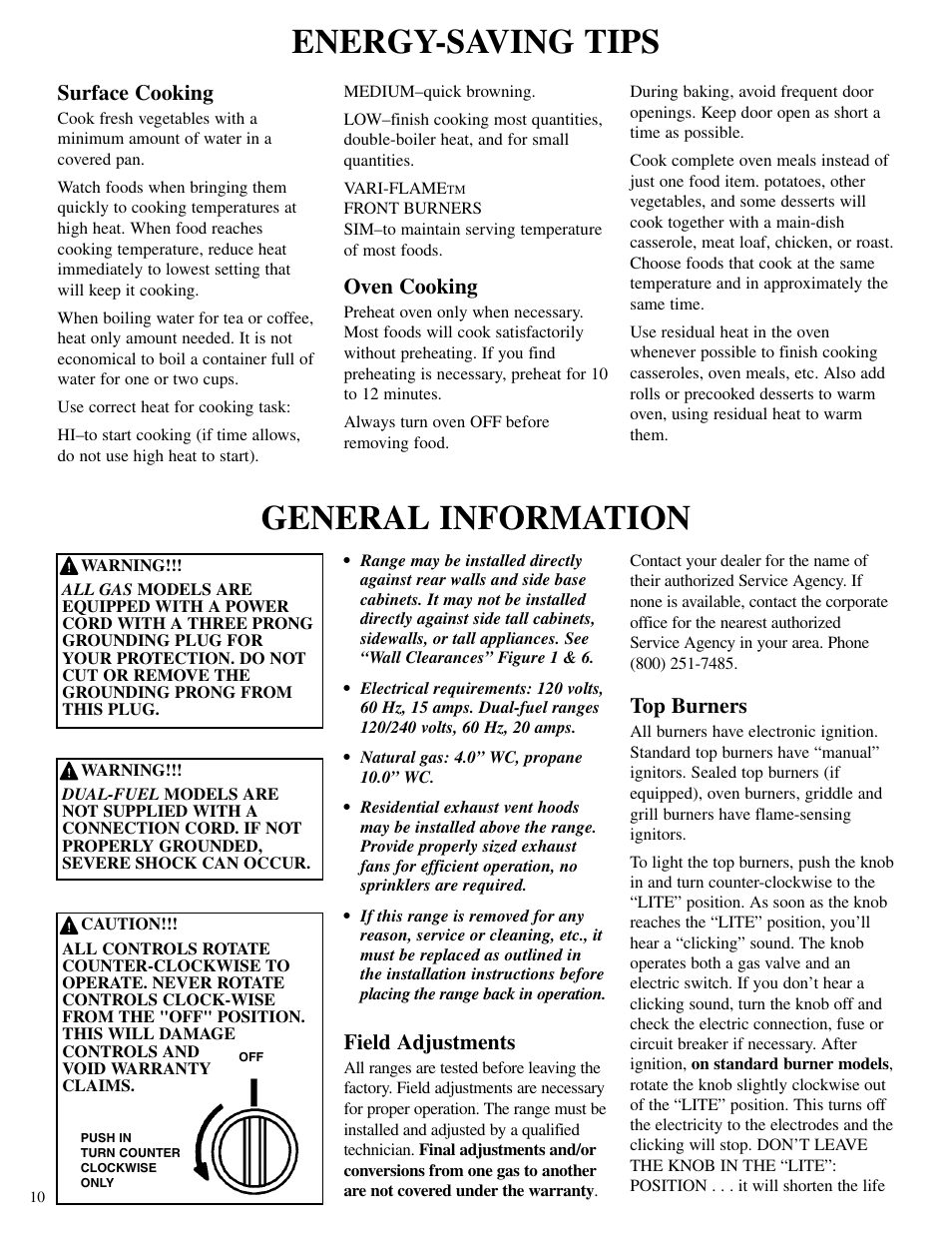 Energy-saving tips, General information | Brown Stove Works 60 Range User Manual | Page 10 / 36