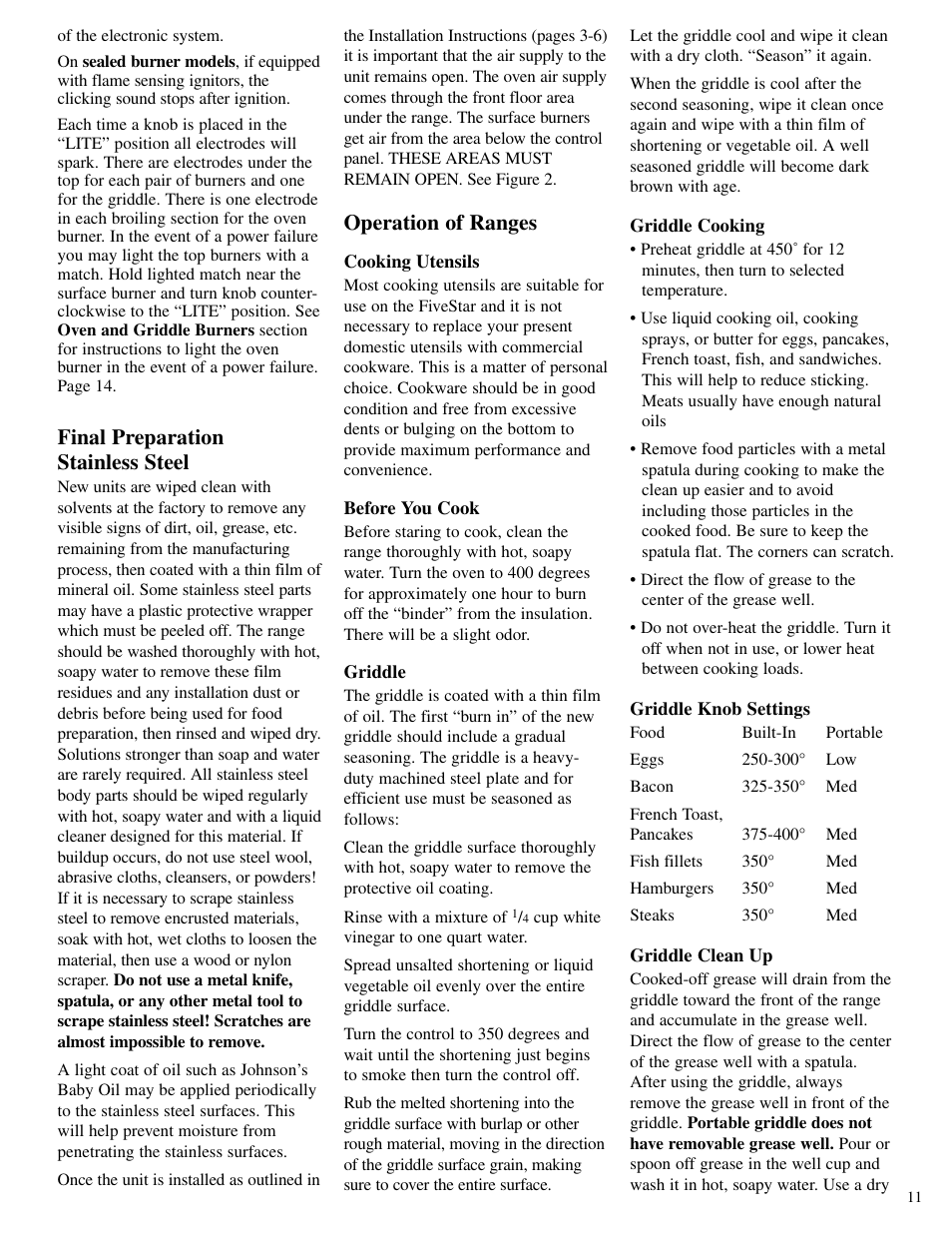 Final preparation stainless steel, Operation of ranges | Brown Stove Works 60 Range User Manual | Page 11 / 36