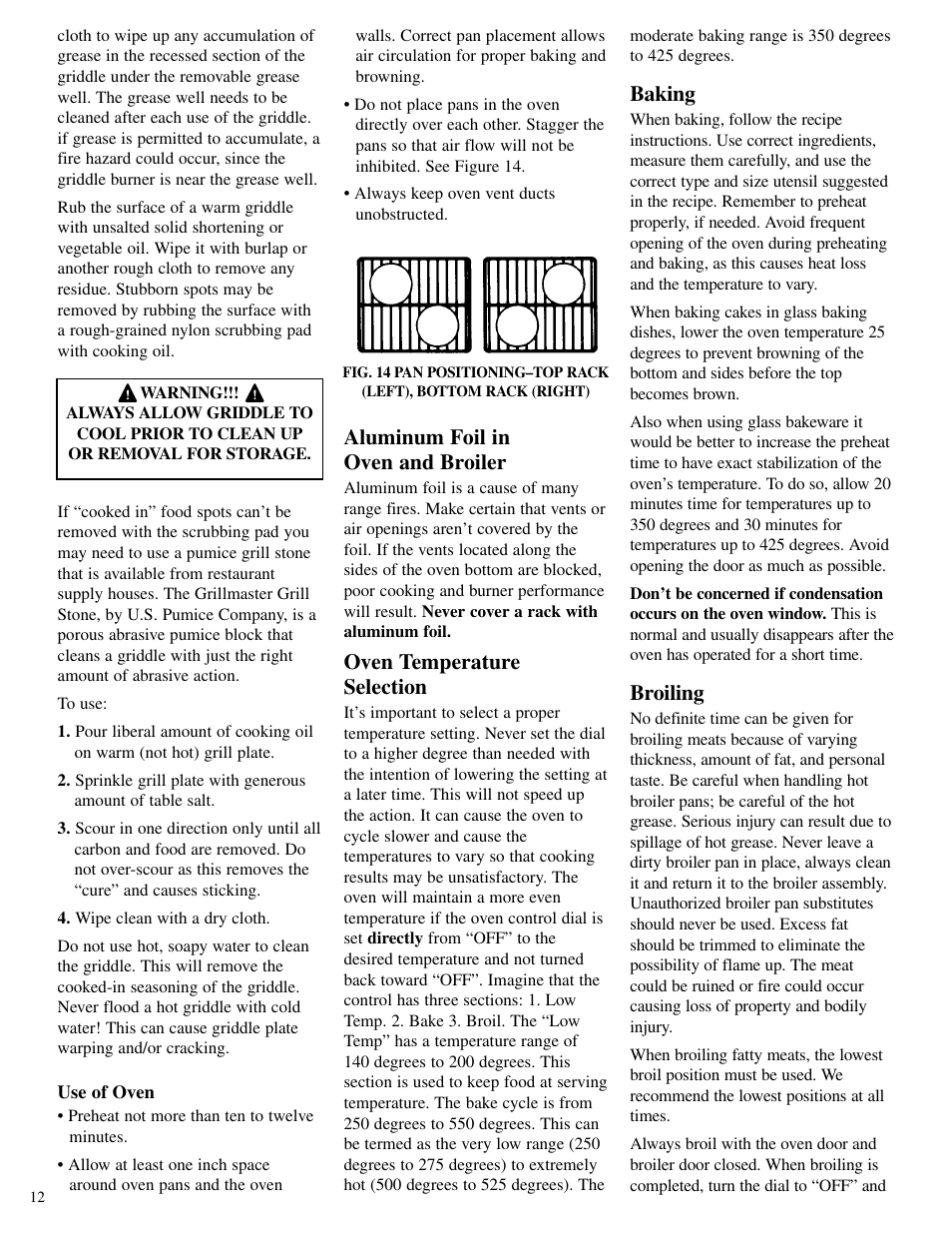 Baking, Broiling, Aluminum foil in oven and broiler | Oven temperature selection | Brown Stove Works 60 Range User Manual | Page 12 / 36