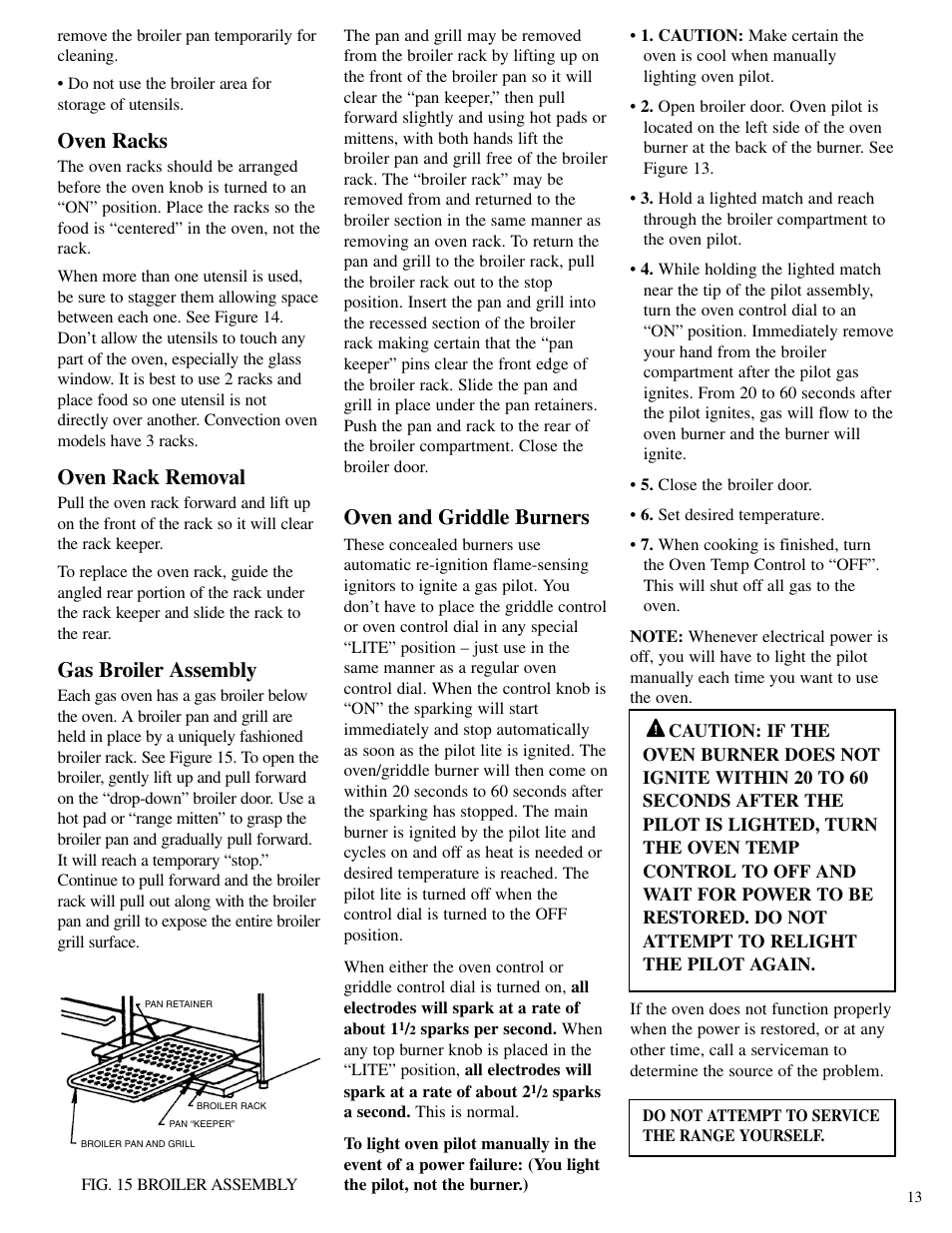 Oven racks, Oven rack removal, Gas broiler assembly | Oven and griddle burners | Brown Stove Works 60 Range User Manual | Page 13 / 36