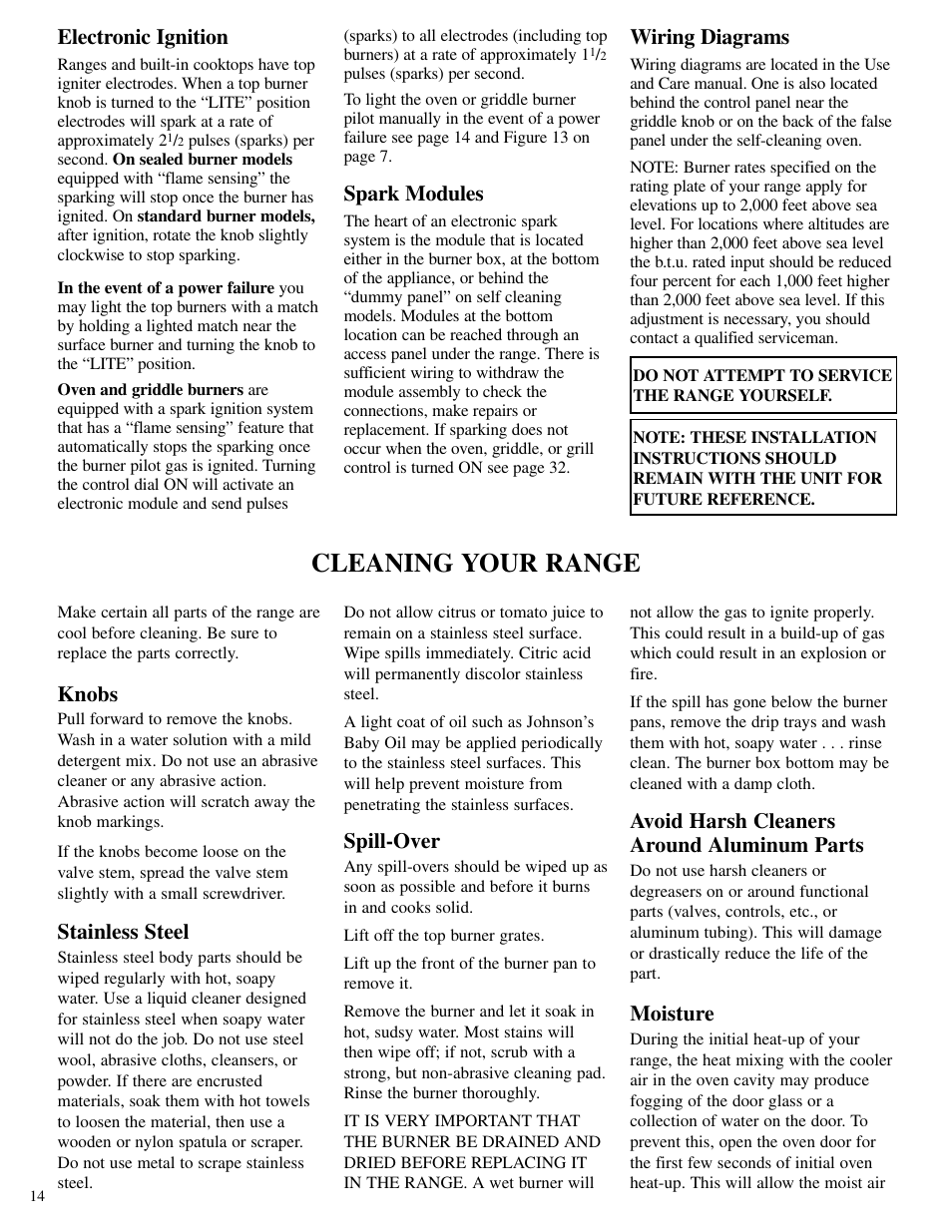 Cleaning your range, Electronic ignition, Spark modules | Wiring diagrams, Knobs, Stainless steel, Spill-over, Avoid harsh cleaners around aluminum parts, Moisture | Brown Stove Works 60 Range User Manual | Page 14 / 36