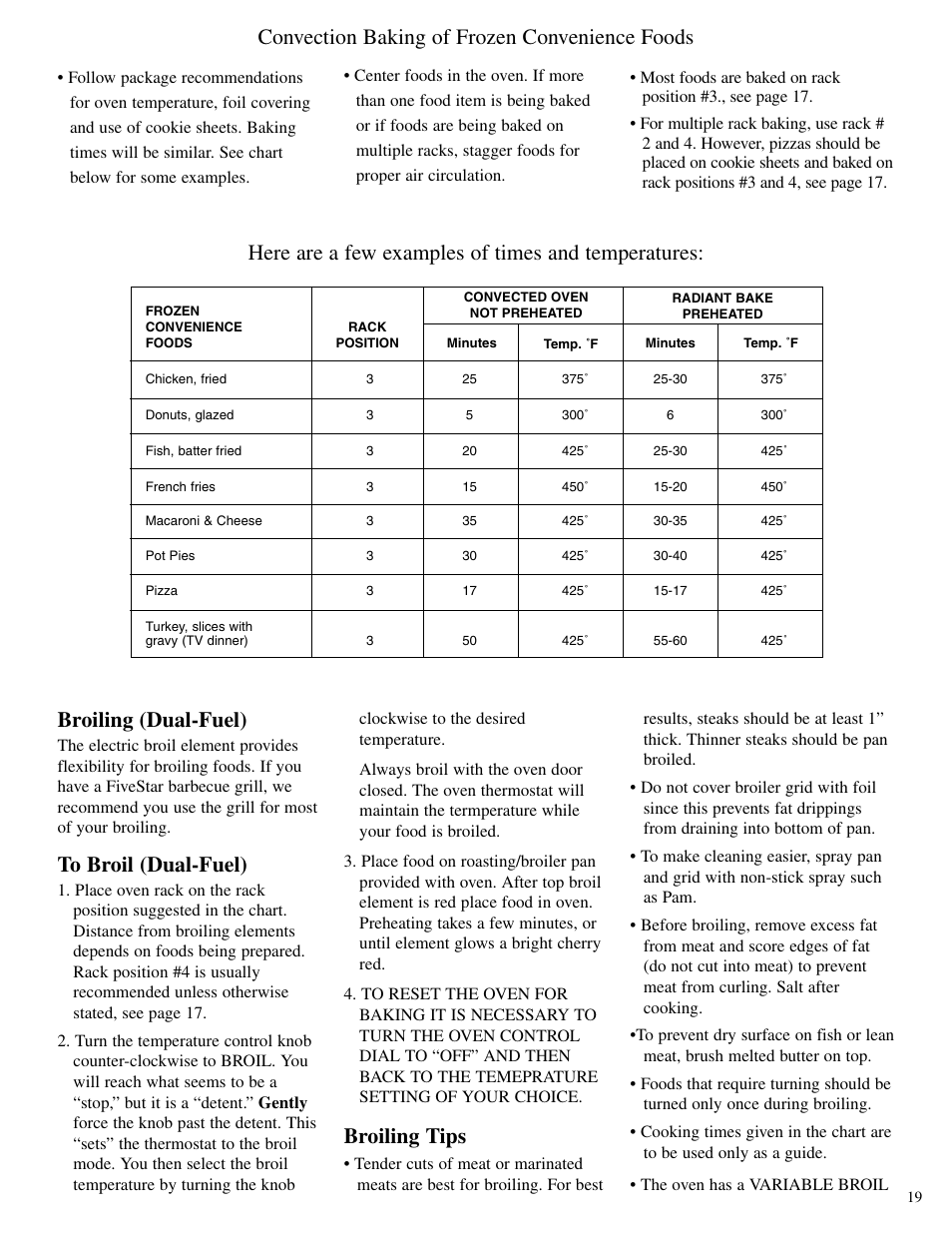 Convection baking of frozen convenience foods, Broiling tips | Brown Stove Works 60 Range User Manual | Page 19 / 36