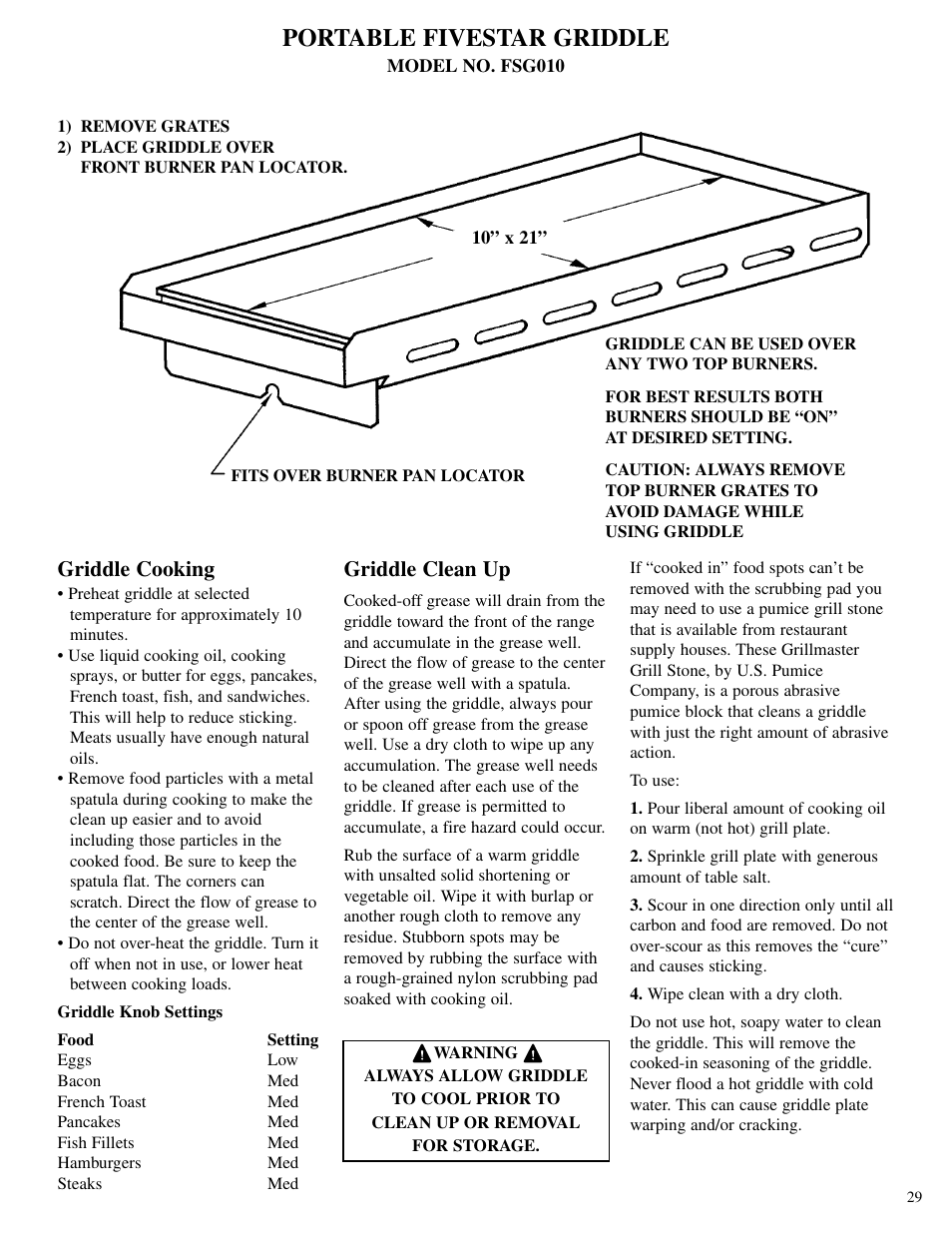 Portable fivestar griddle, Griddle cooking, Griddle clean up | Brown Stove Works 60 Range User Manual | Page 29 / 36