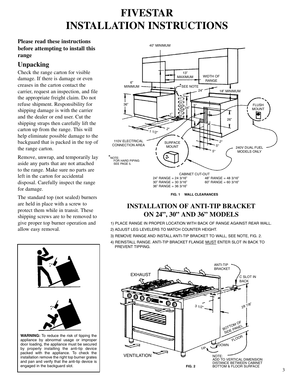 Fivestar installation instructions, Unpacking | Brown Stove Works 60 Range User Manual | Page 3 / 36