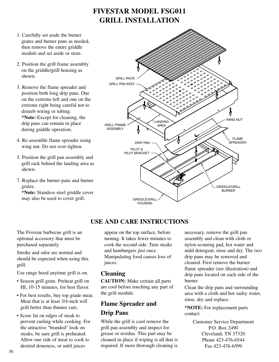 Fivestar model fsg011 grill installation, Cleaning, Flame spreader and drip pans | Use and care instructions | Brown Stove Works 60 Range User Manual | Page 30 / 36