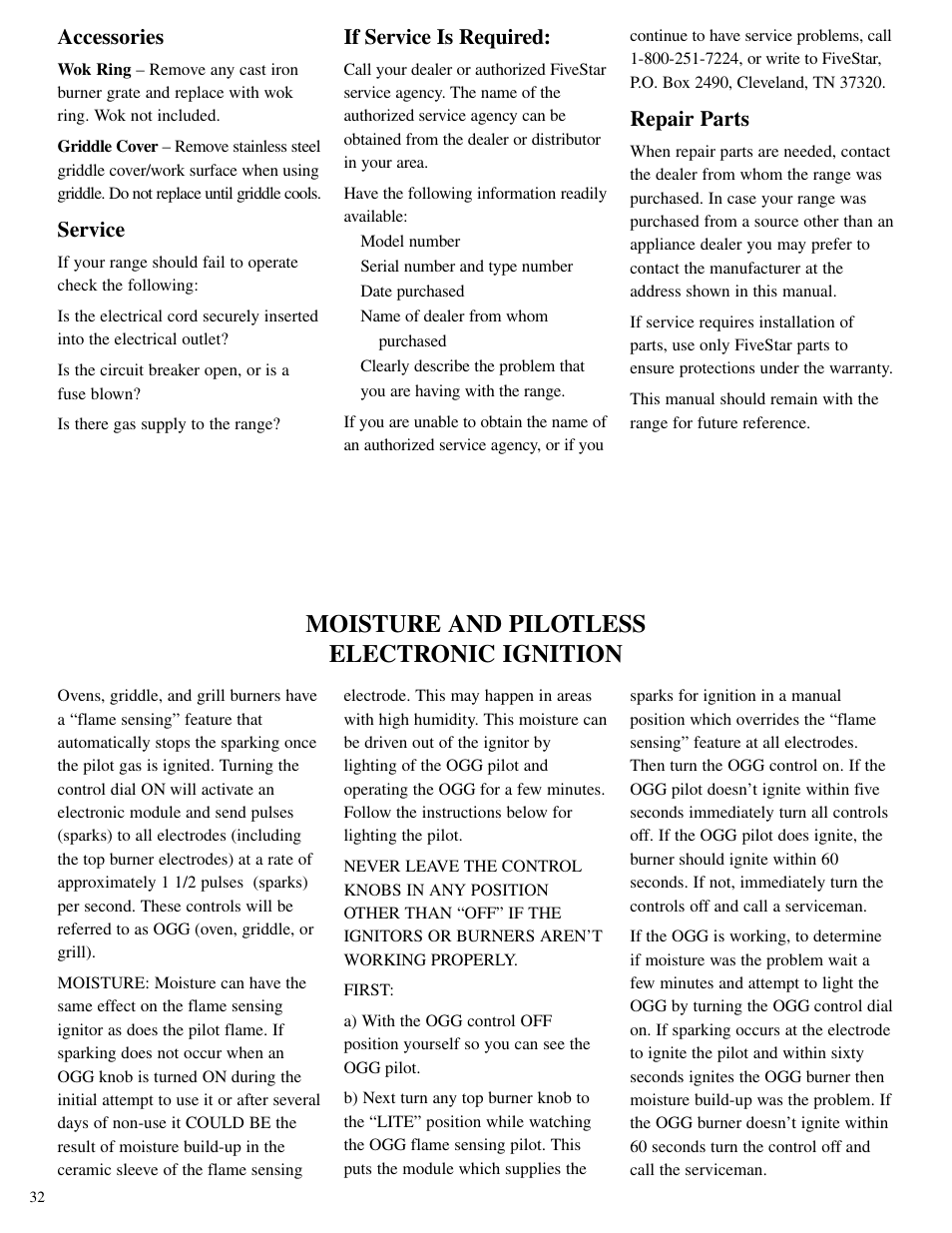 Moisture and pilotless electronic ignition | Brown Stove Works 60 Range User Manual | Page 32 / 36