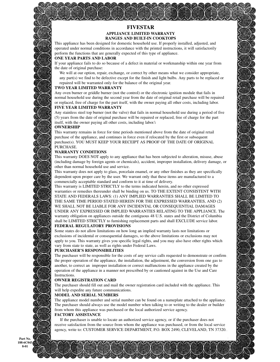 Fivestar | Brown Stove Works 60 Range User Manual | Page 36 / 36