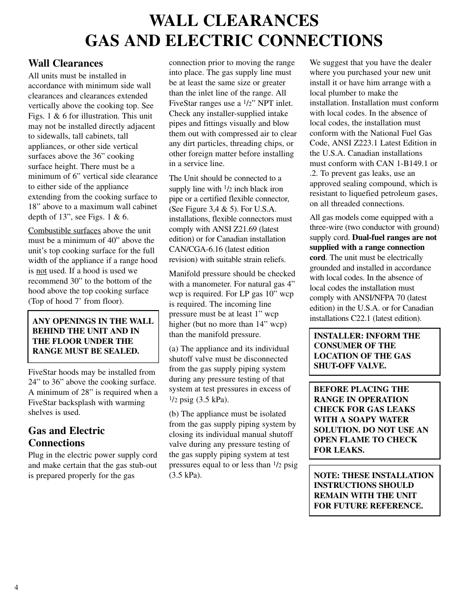 Wall clearances gas and electric connections, Wall clearances, Gas and electric connections | Brown Stove Works 60 Range User Manual | Page 4 / 36