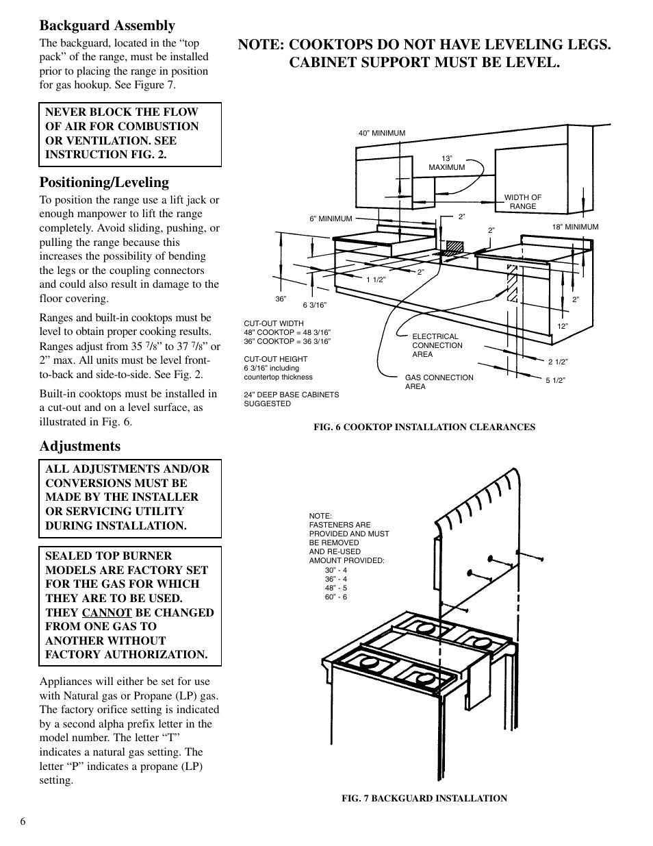 Backguard assembly, Positioning/leveling, Adjustments | Brown Stove Works 60 Range User Manual | Page 6 / 36