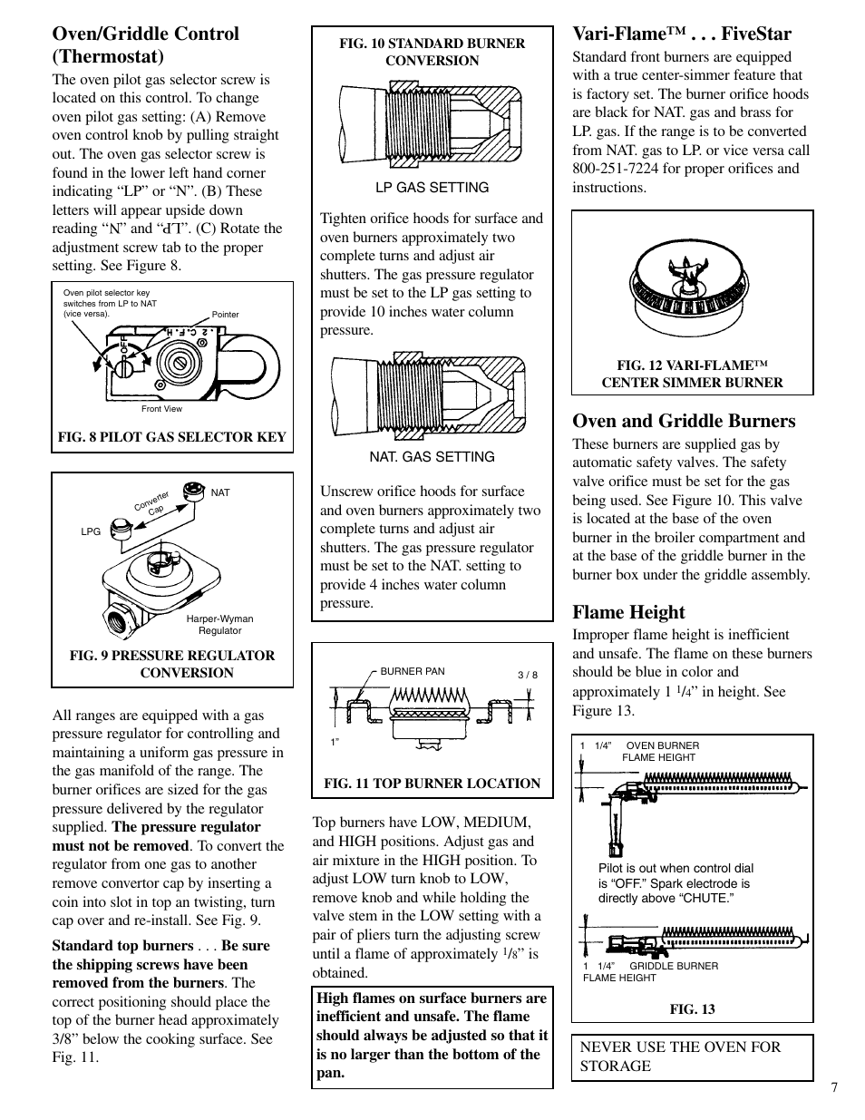 Oven/griddle control (thermostat), Vari-flame™ . . . fivestar, Oven and griddle burners | Flame height | Brown Stove Works 60 Range User Manual | Page 7 / 36