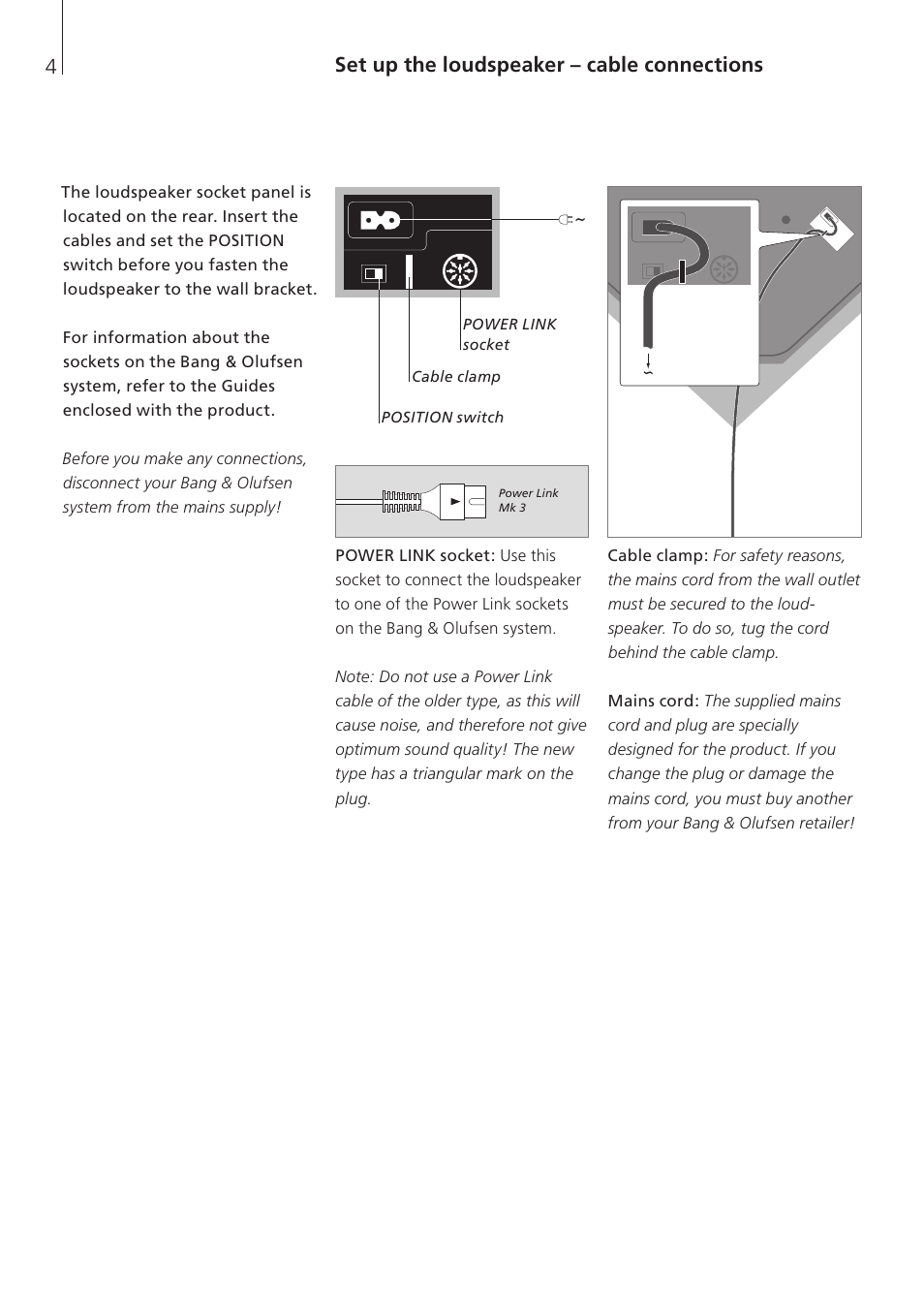 Set up the loudspeaker – cable connections | Bang & Olufsen BeoLab 10 - User Guide User Manual | Page 4 / 12