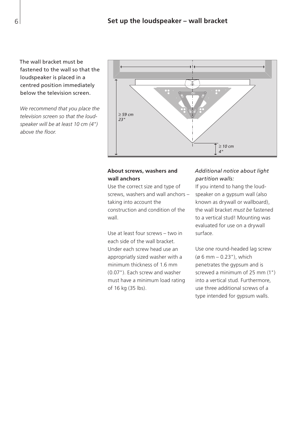 Set up the loudspeaker – wall bracket, About screws, washers and wall anchors | Bang & Olufsen BeoLab 10 - User Guide User Manual | Page 6 / 12