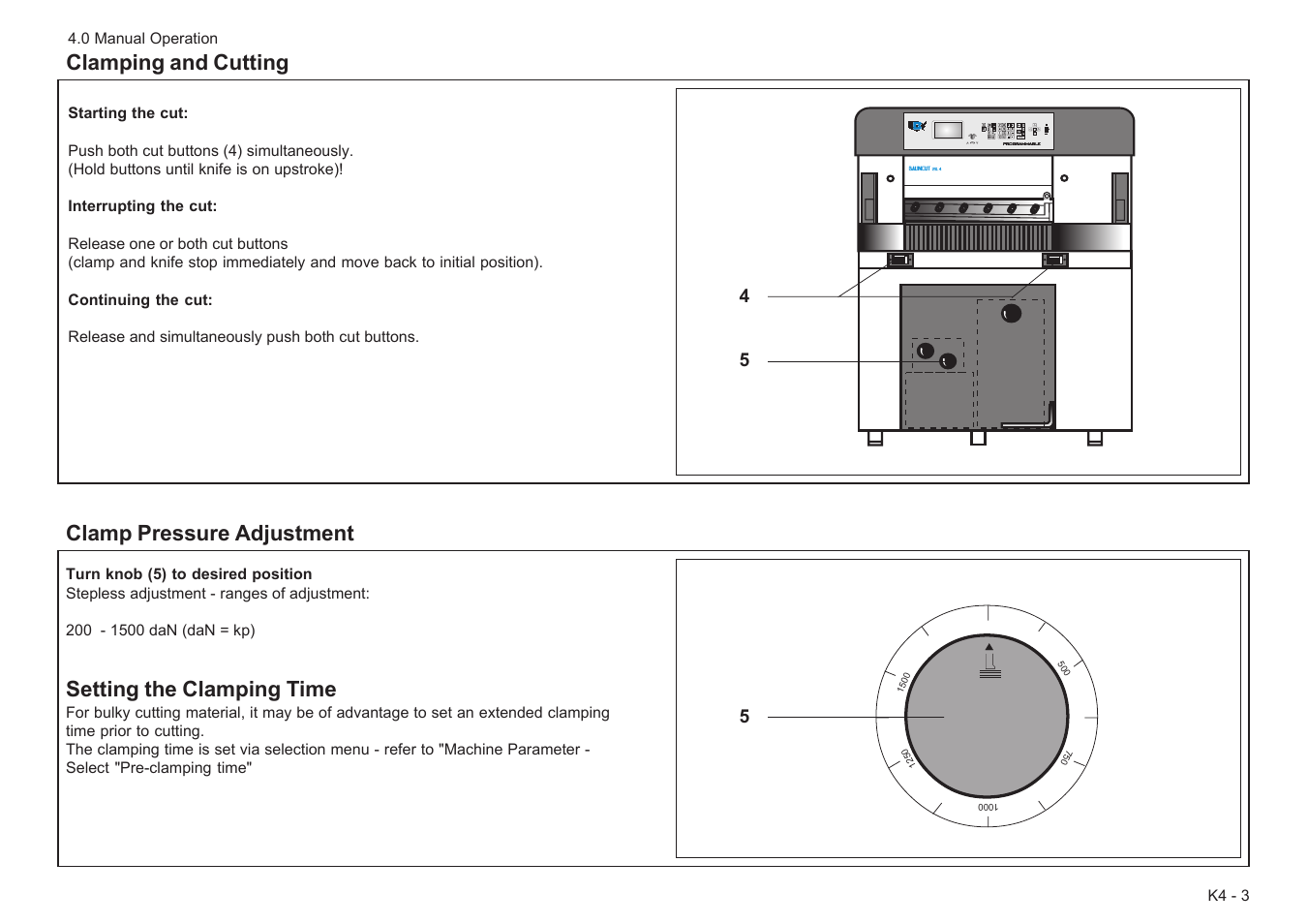 Clamp pressure adjustment, Setting the clamping time, Clamping and cutting | Baumfolder Baumcut Programmable 26.4 User Manual | Page 31 / 104